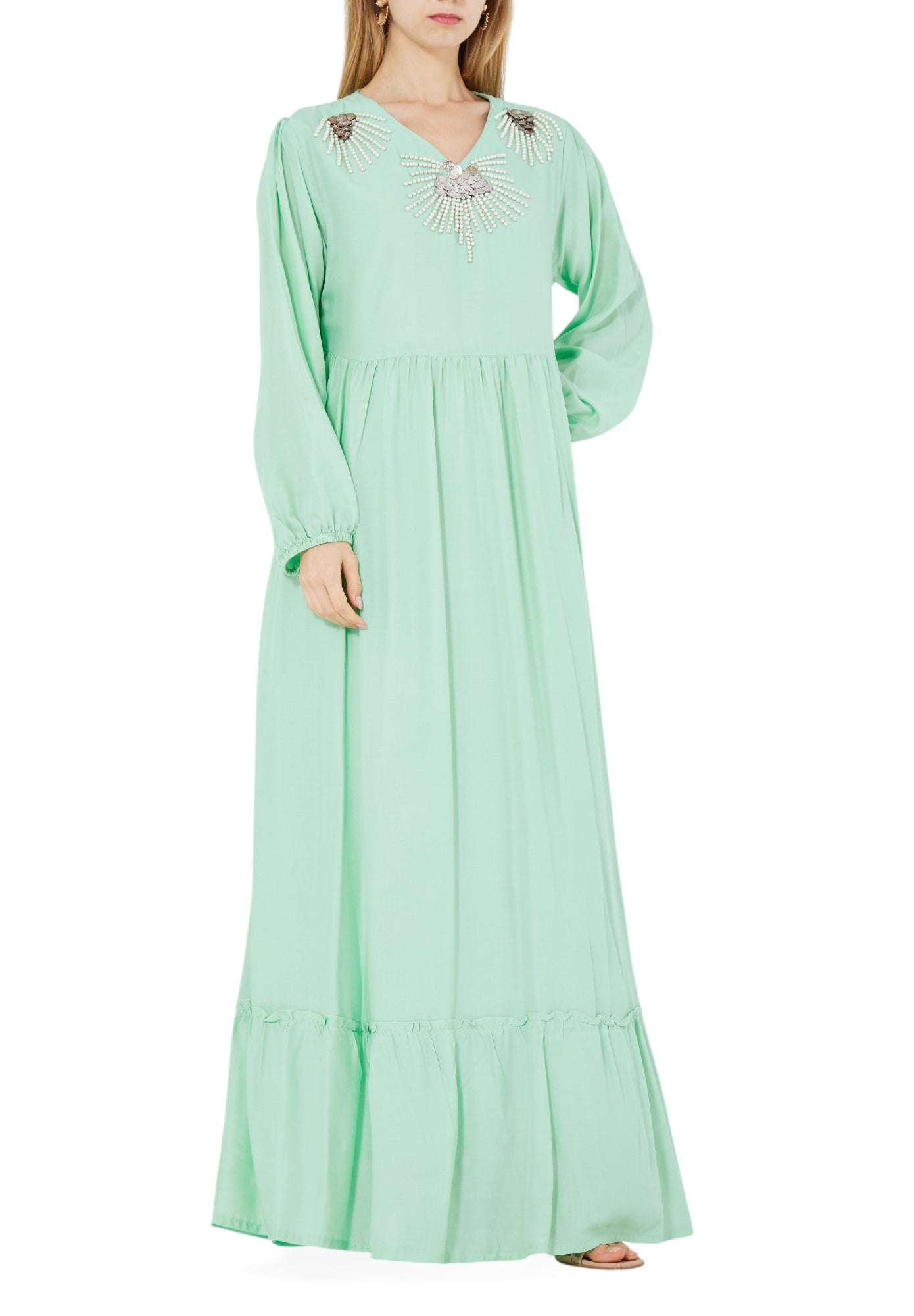 Stunning Embroidered Linen Long Dress With V-Neckline And Long Sleeves