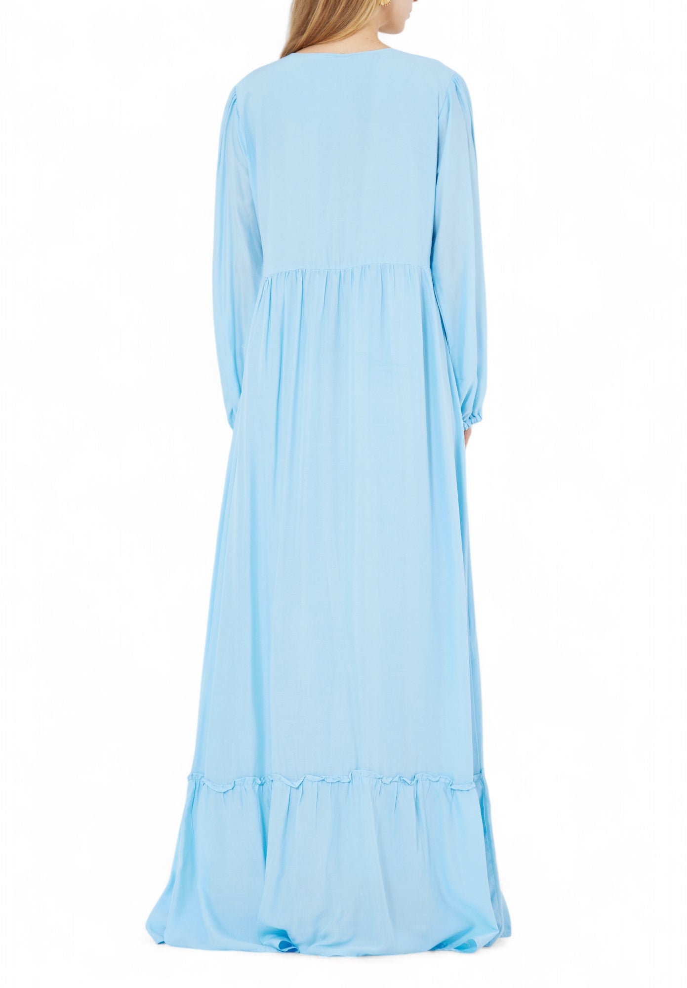 Stunning Embroidered Linen Long Dress With V-Neckline And Long Sleeves