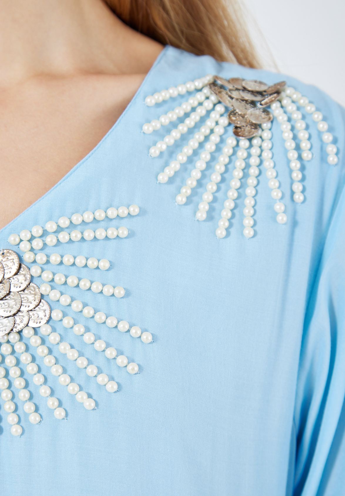 Stunning Embroidered Linen Long Dress With V-Neckline And Long Sleeves