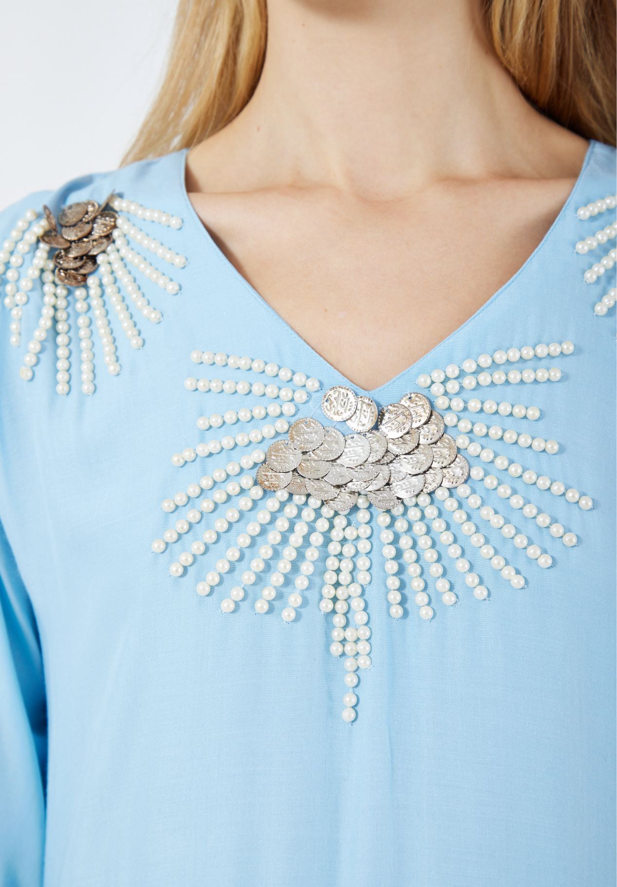 Stunning Embroidered Linen Long Dress With V-Neckline And Long Sleeves