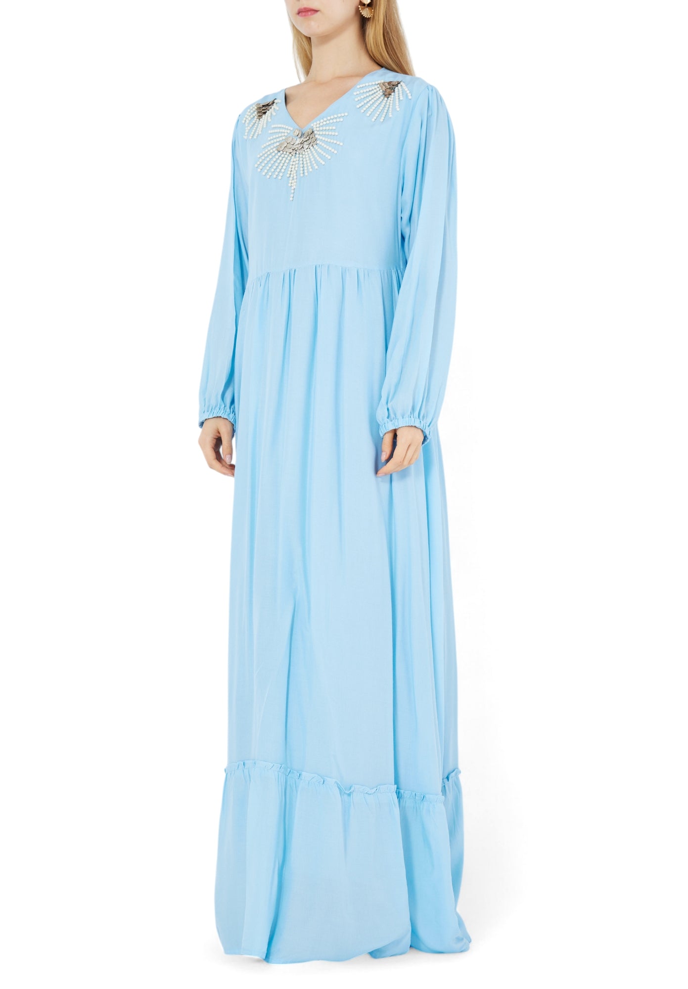 Stunning Embroidered Linen Long Dress With V-Neckline And Long Sleeves