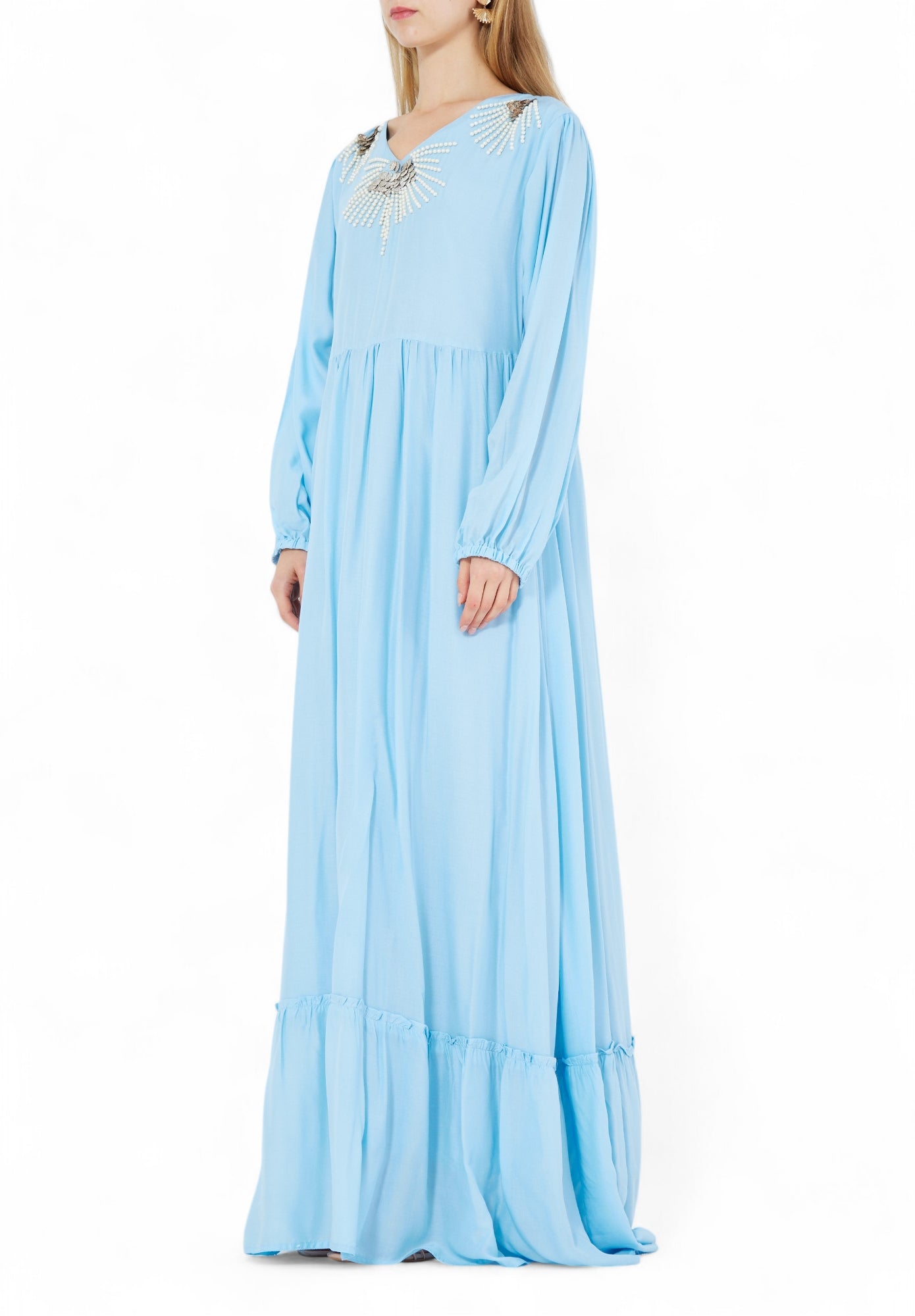 Stunning Embroidered Linen Long Dress With V-Neckline And Long Sleeves