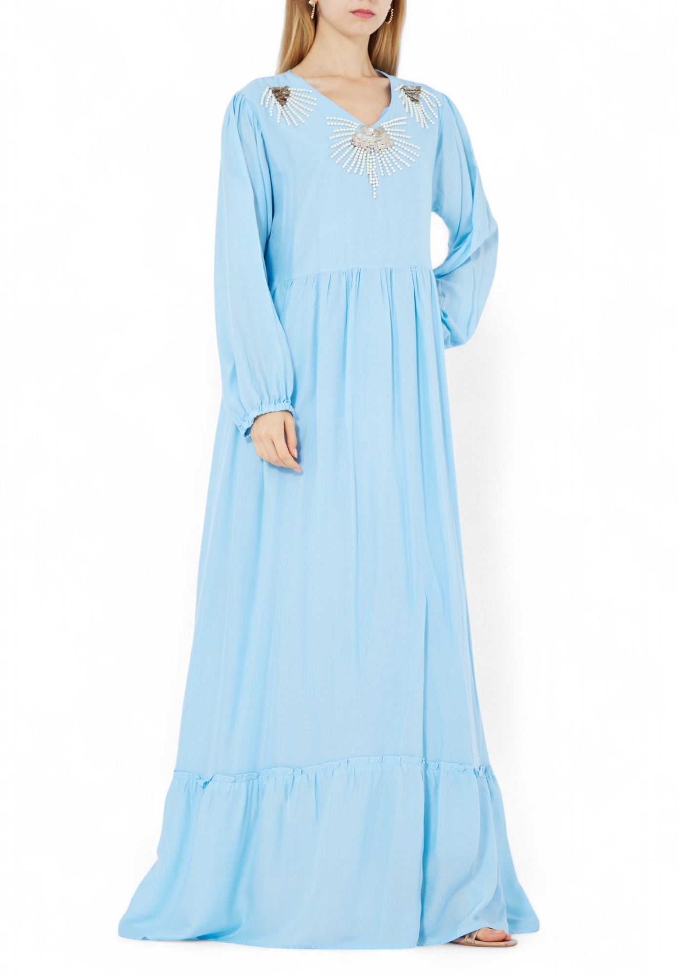Stunning Embroidered Linen Long Dress With V-Neckline And Long Sleeves