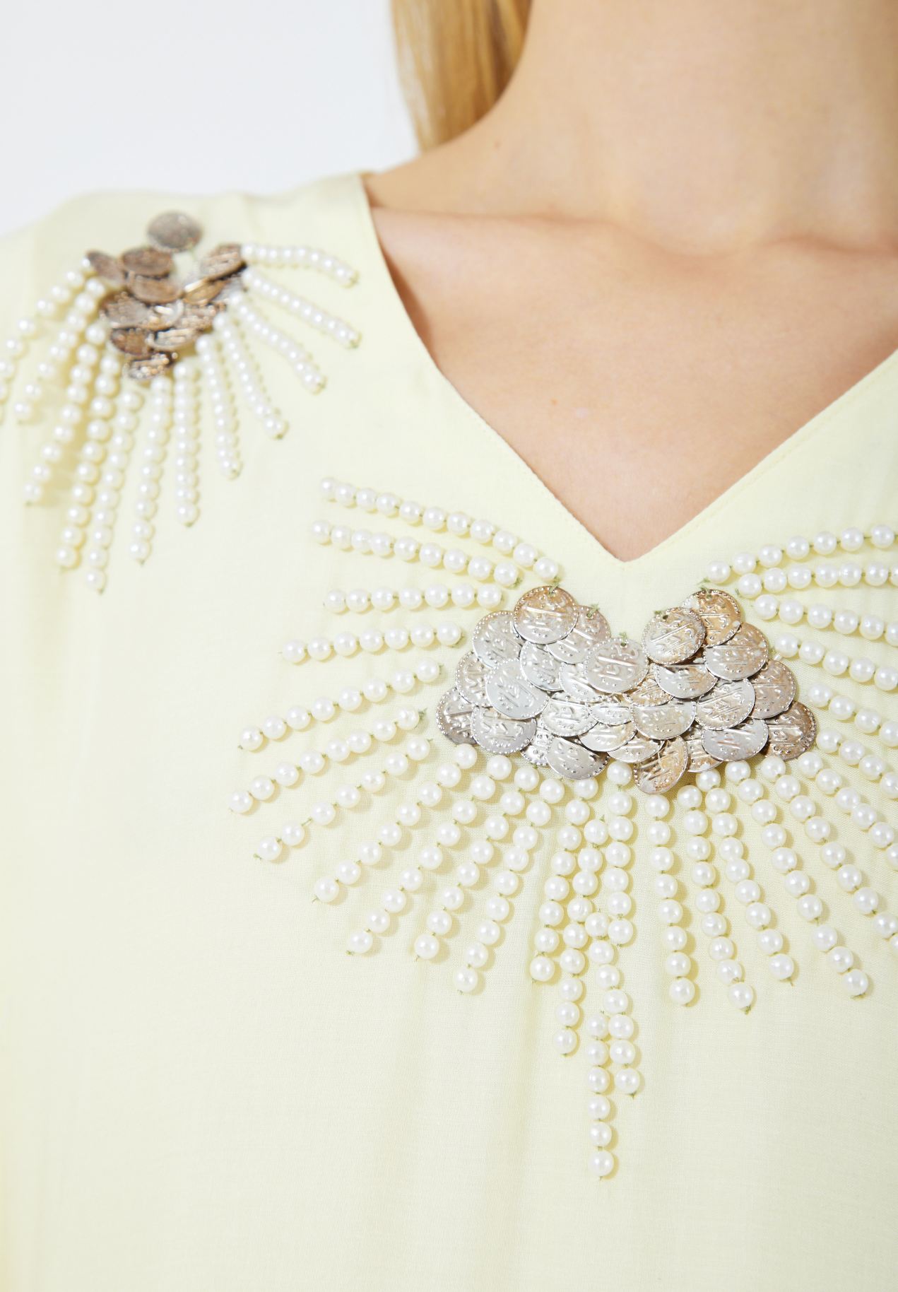 Stunning Embroidered Linen Long Dress With V-Neckline And Long Sleeves