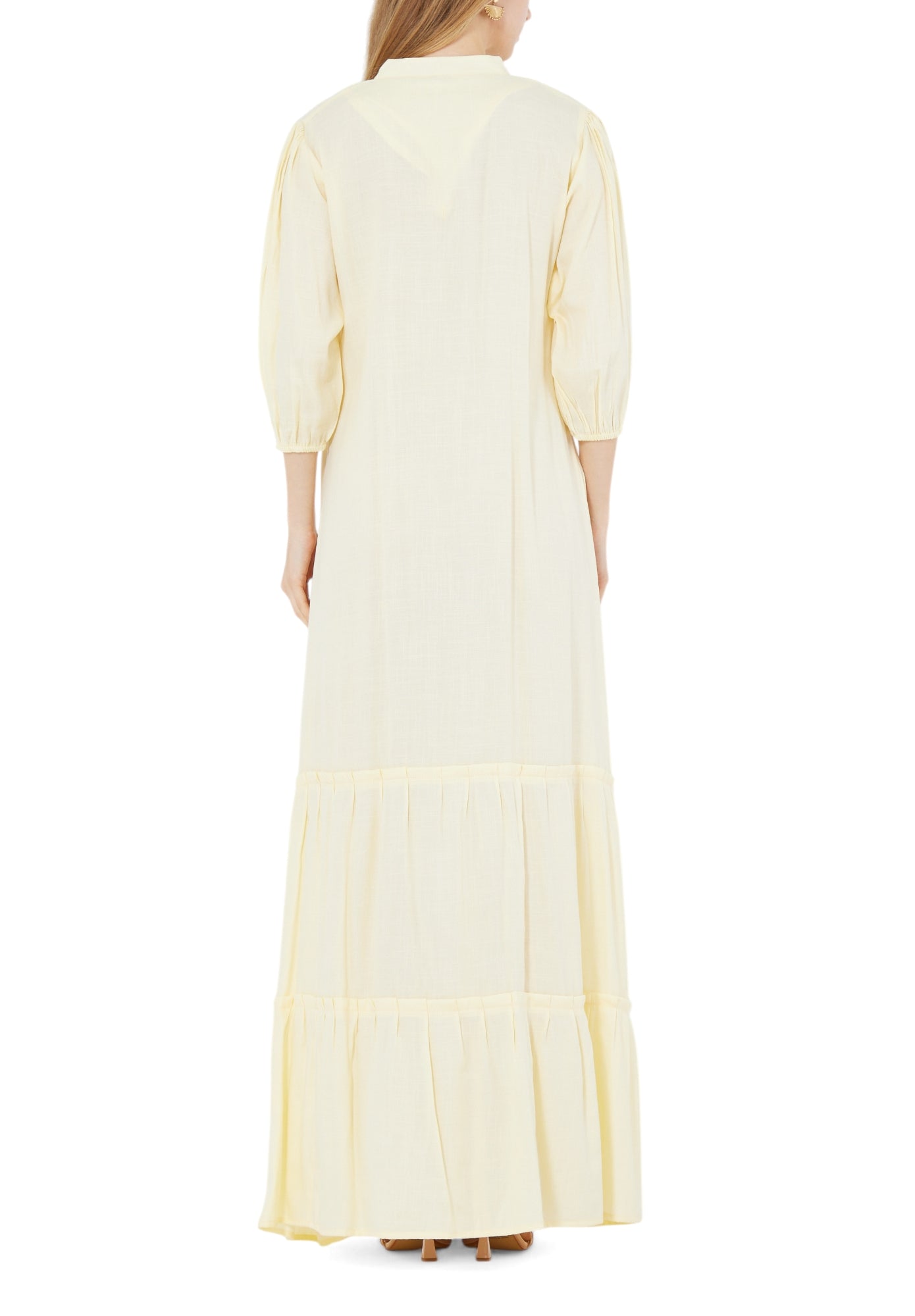 Stunning Embroidered Linen Long Dress With V-Neckline And Long Sleeves
