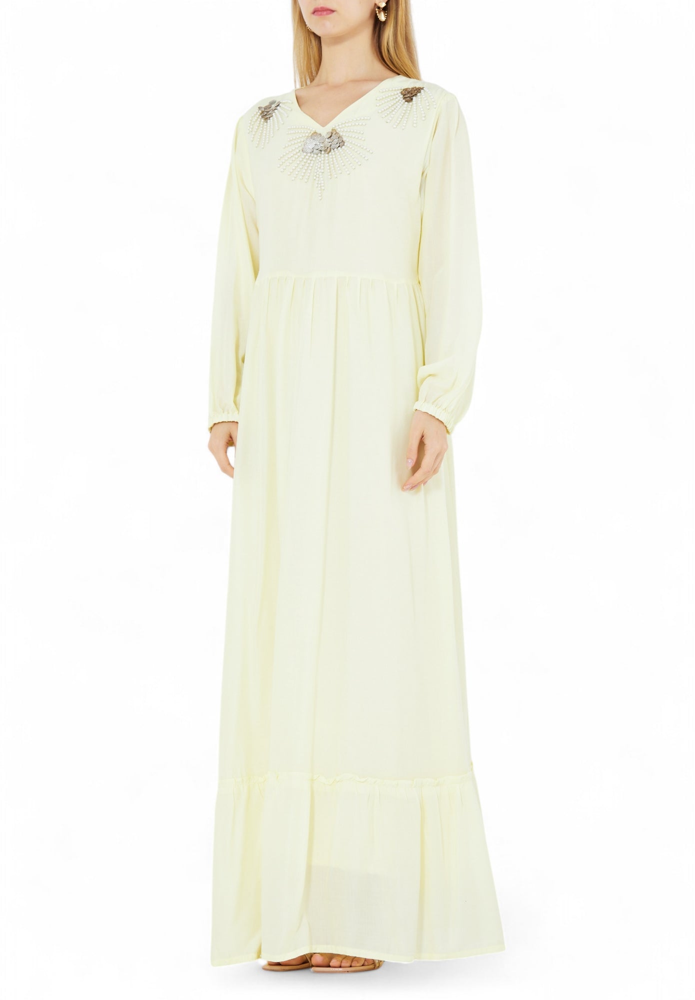 Stunning Embroidered Linen Long Dress With V-Neckline And Long Sleeves