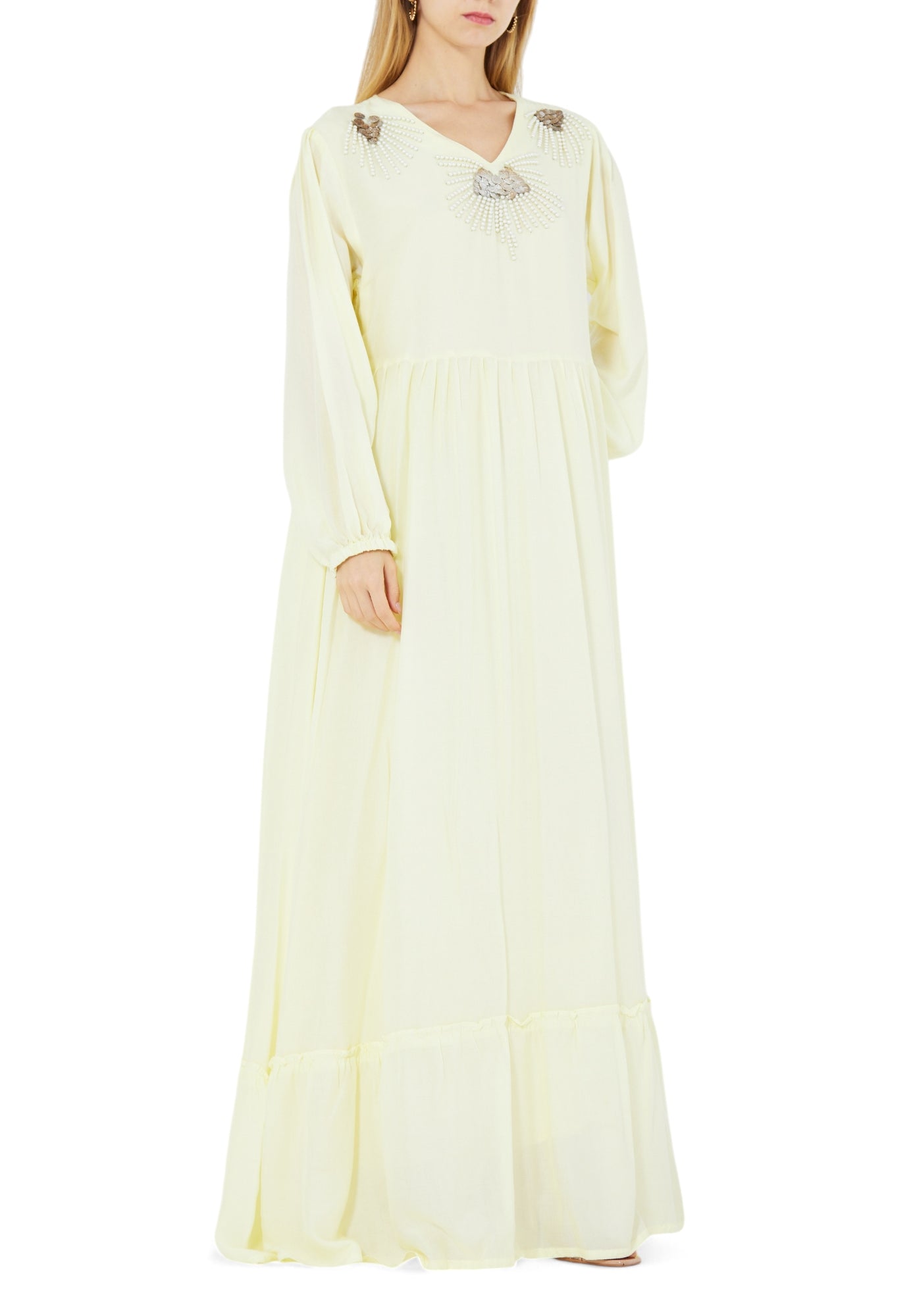 Stunning Embroidered Linen Long Dress With V-Neckline And Long Sleeves