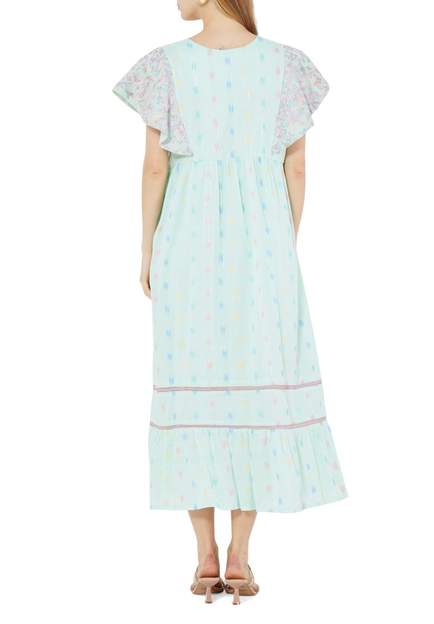 Beautiful Embroidered Midi Dress With V-Neckline With Ruffled Sleeves