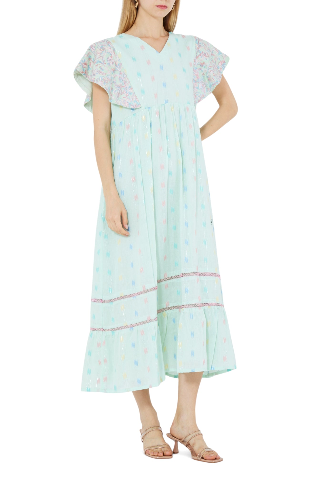 Beautiful Embroidered Midi Dress With V-Neckline With Ruffled Sleeves