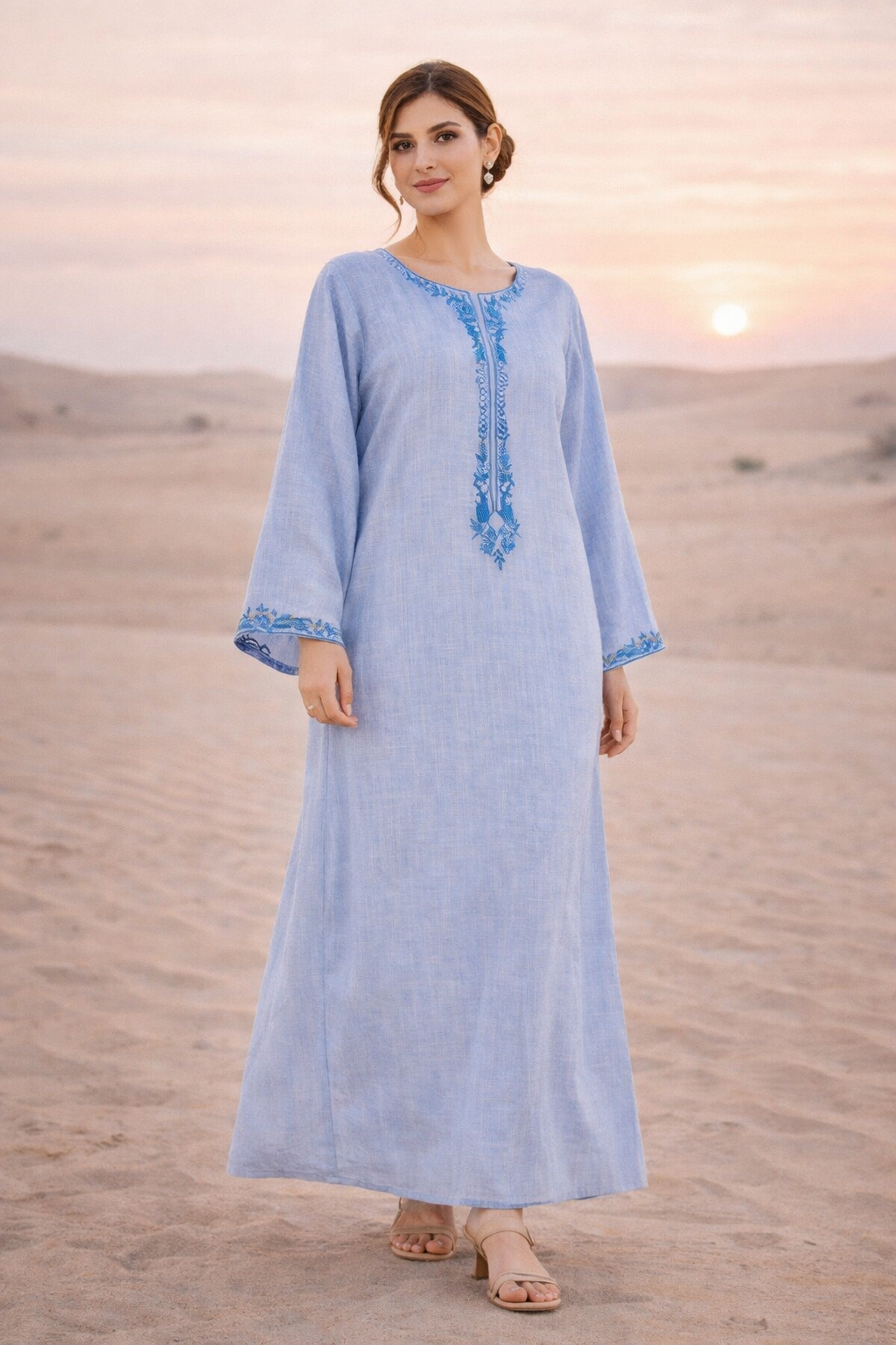 Beautiful Embroidered Long dress with Round Neckline And Bell Sleeves