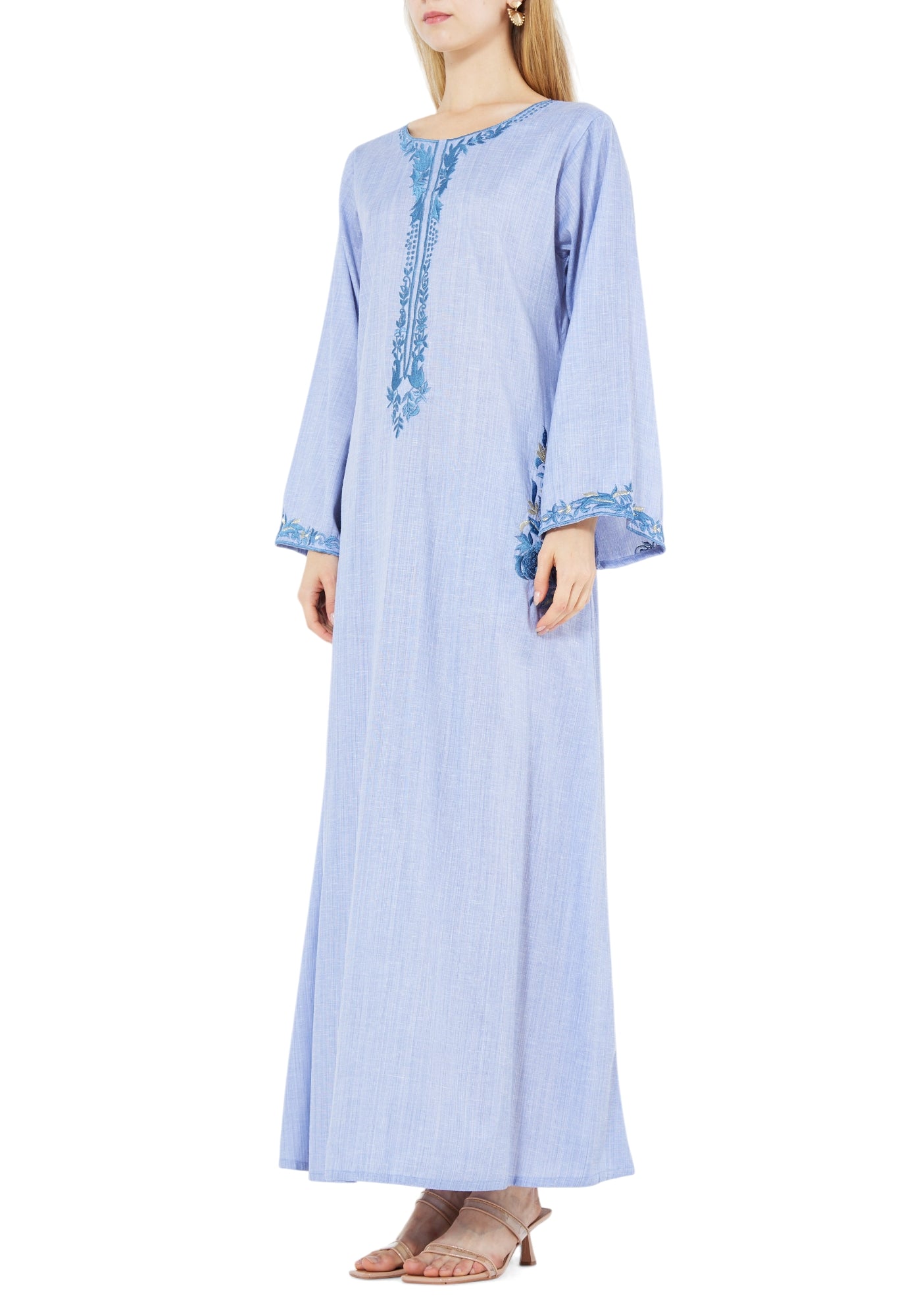 Beautiful Embroidered Long dress with Round Neckline And Bell Sleeves