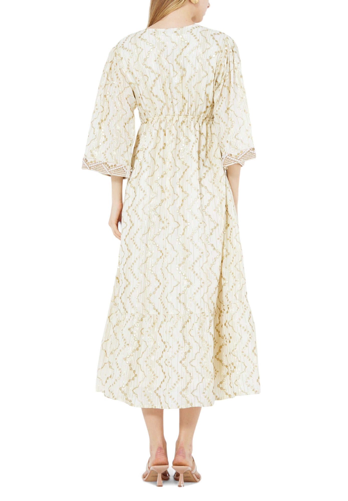Stunning Embroidered Midi Dress With V-Neckline And Half Sleeves