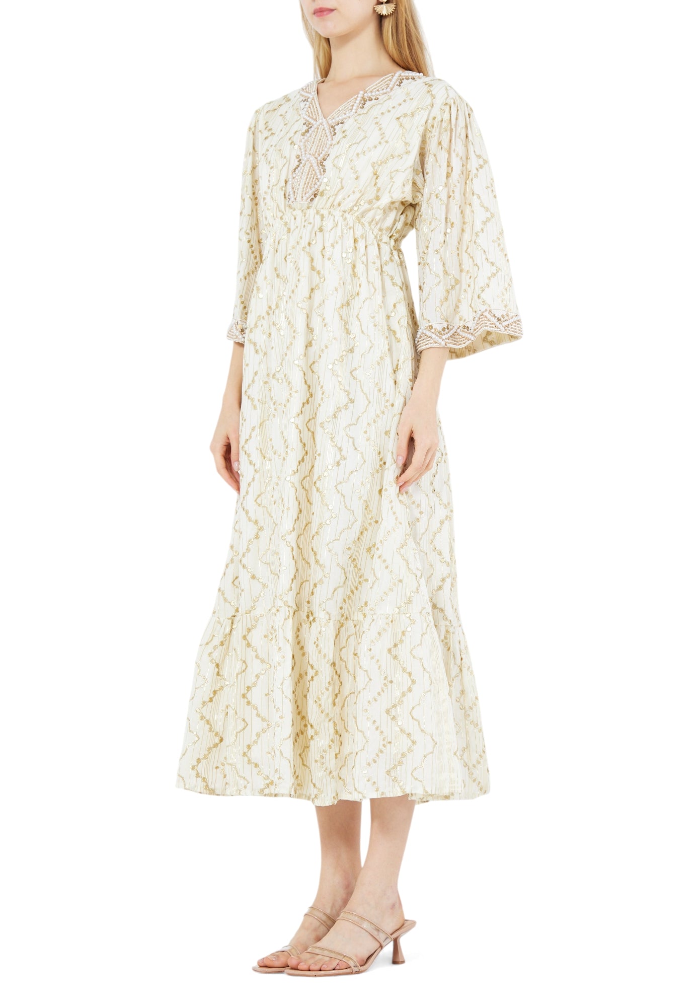 Stunning Embroidered Midi Dress With V-Neckline And Half Sleeves