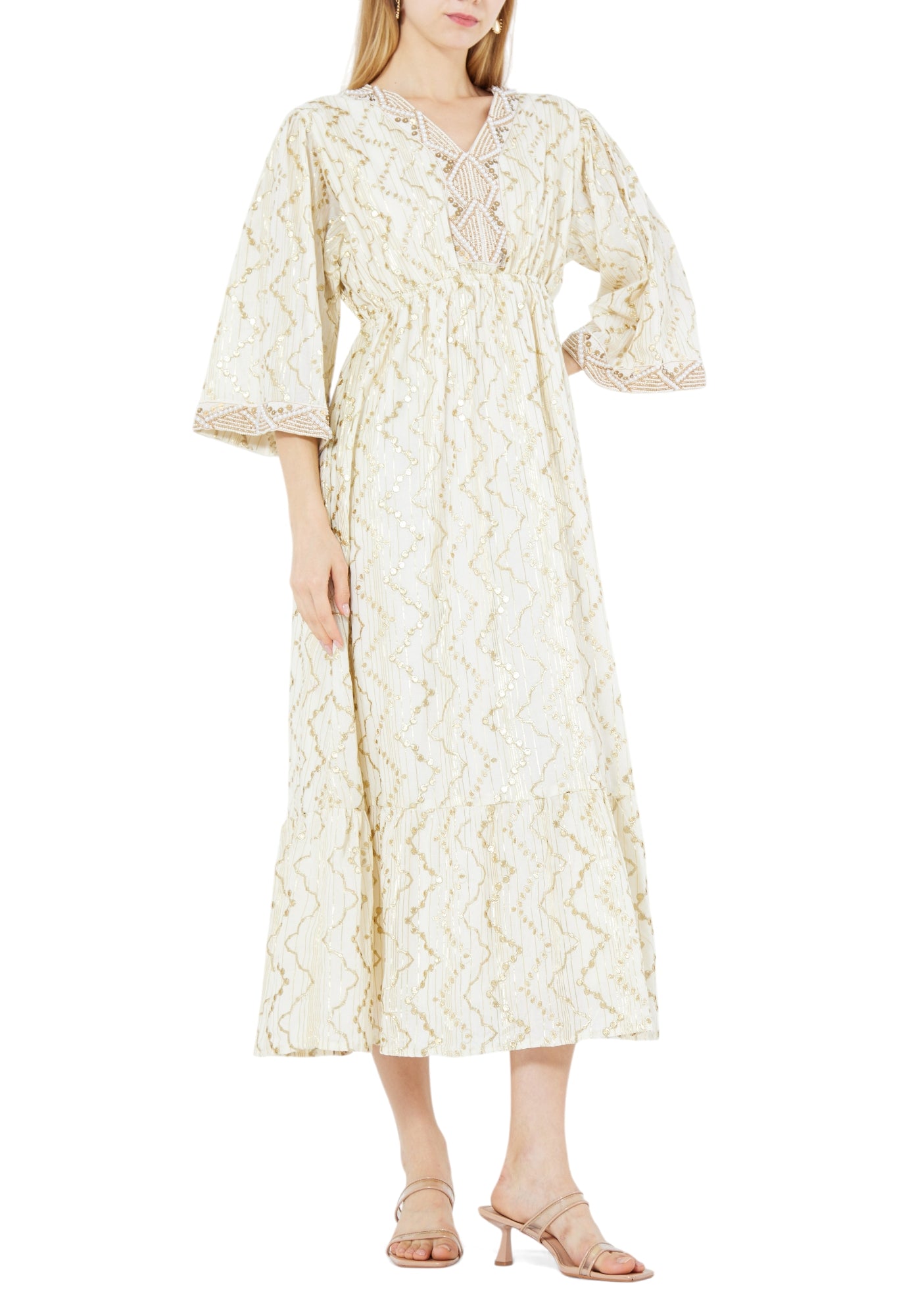 Stunning Embroidered Midi Dress With V-Neckline And Half Sleeves