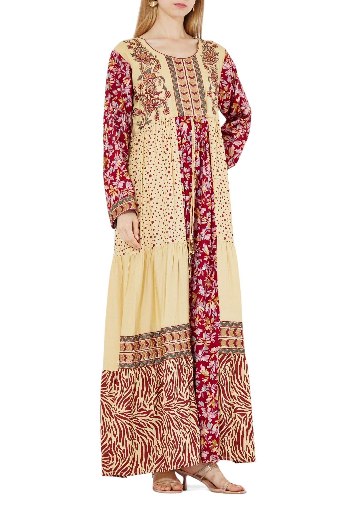 Printed Long Dress With Round Neckline And Long Sleeves