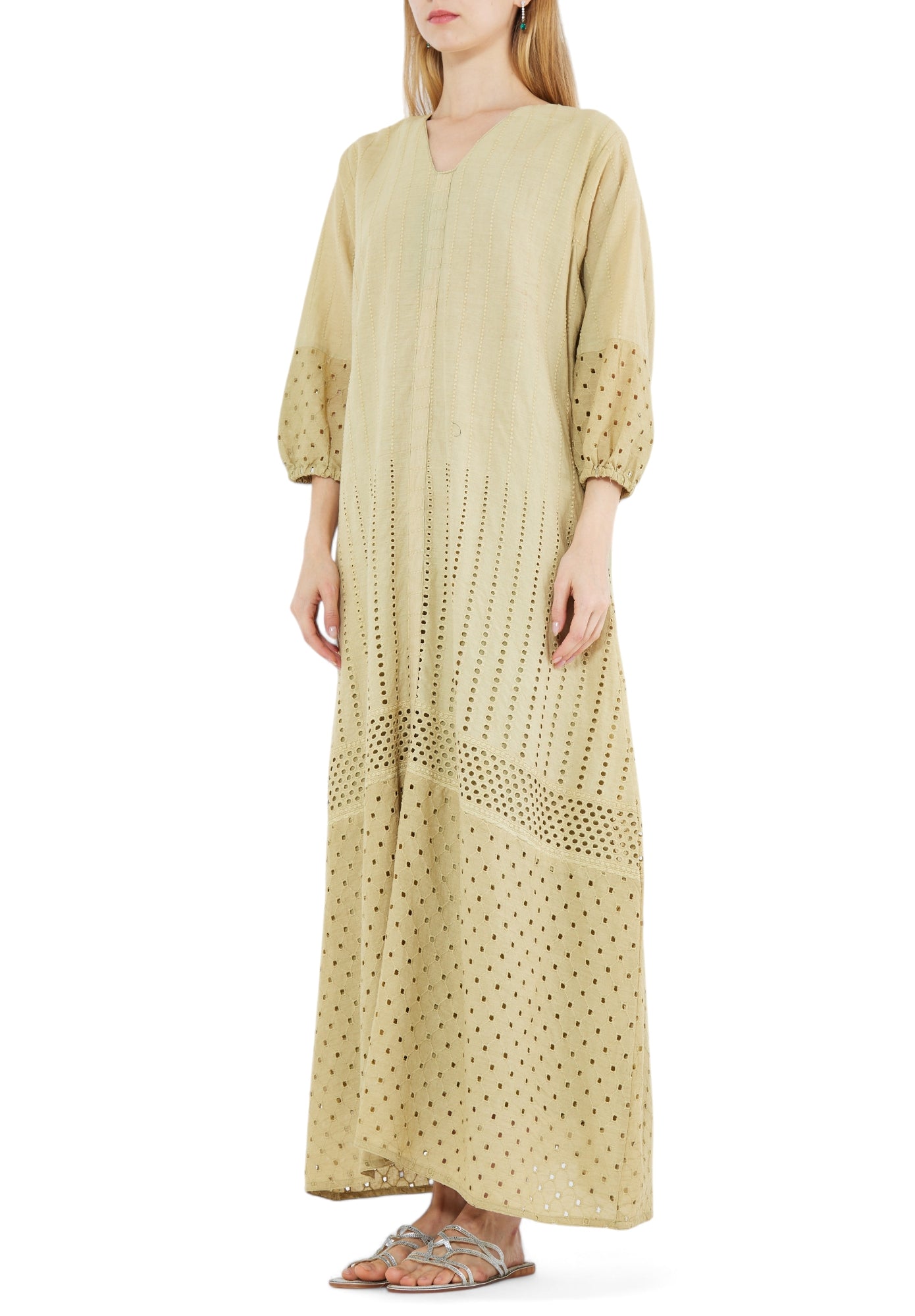 Beautiful Self Designed Linen Long Dress With V-Neckline And Puff Sleeves