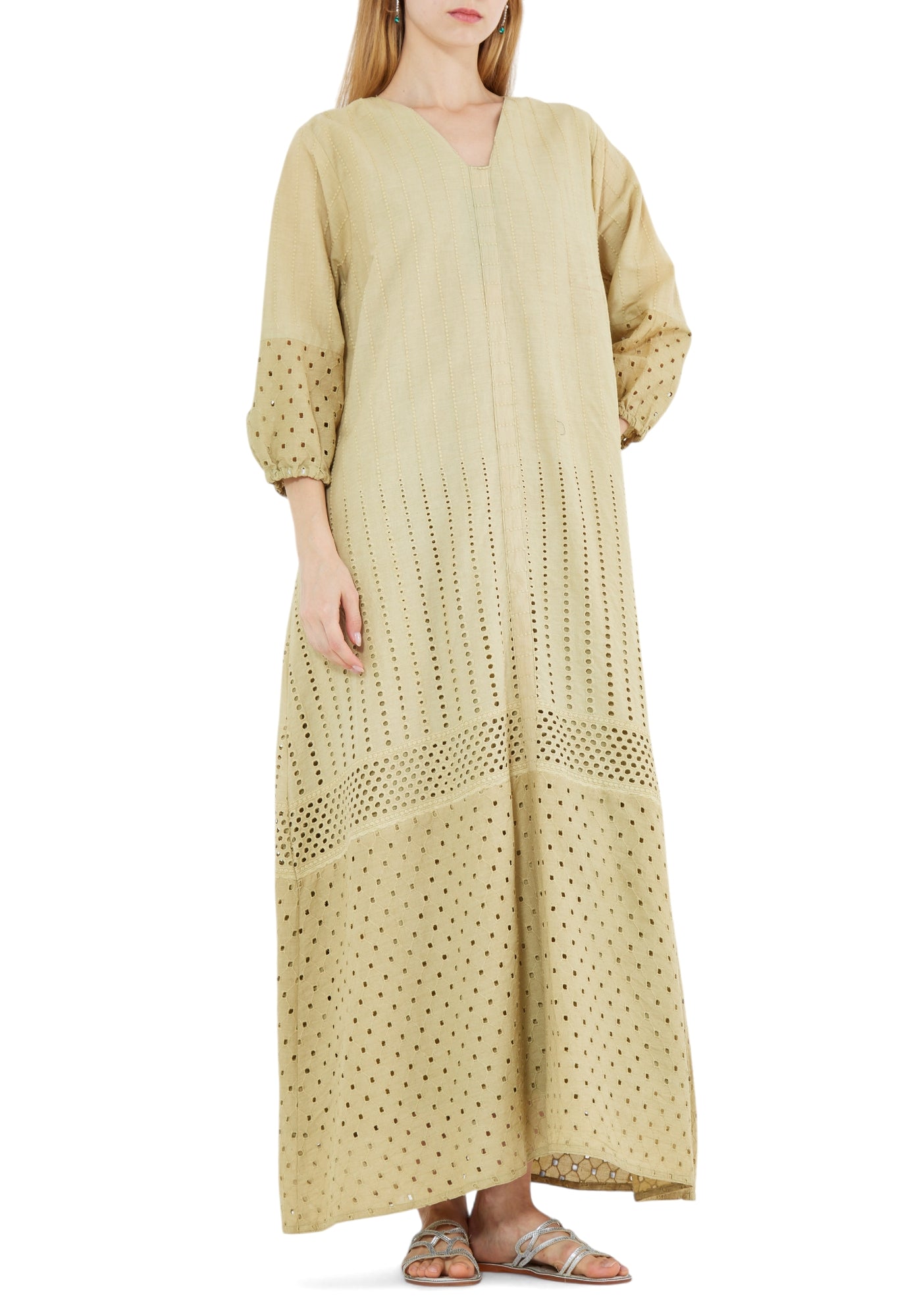 Beautiful Self Designed Linen Long Dress With V-Neckline And Puff Sleeves