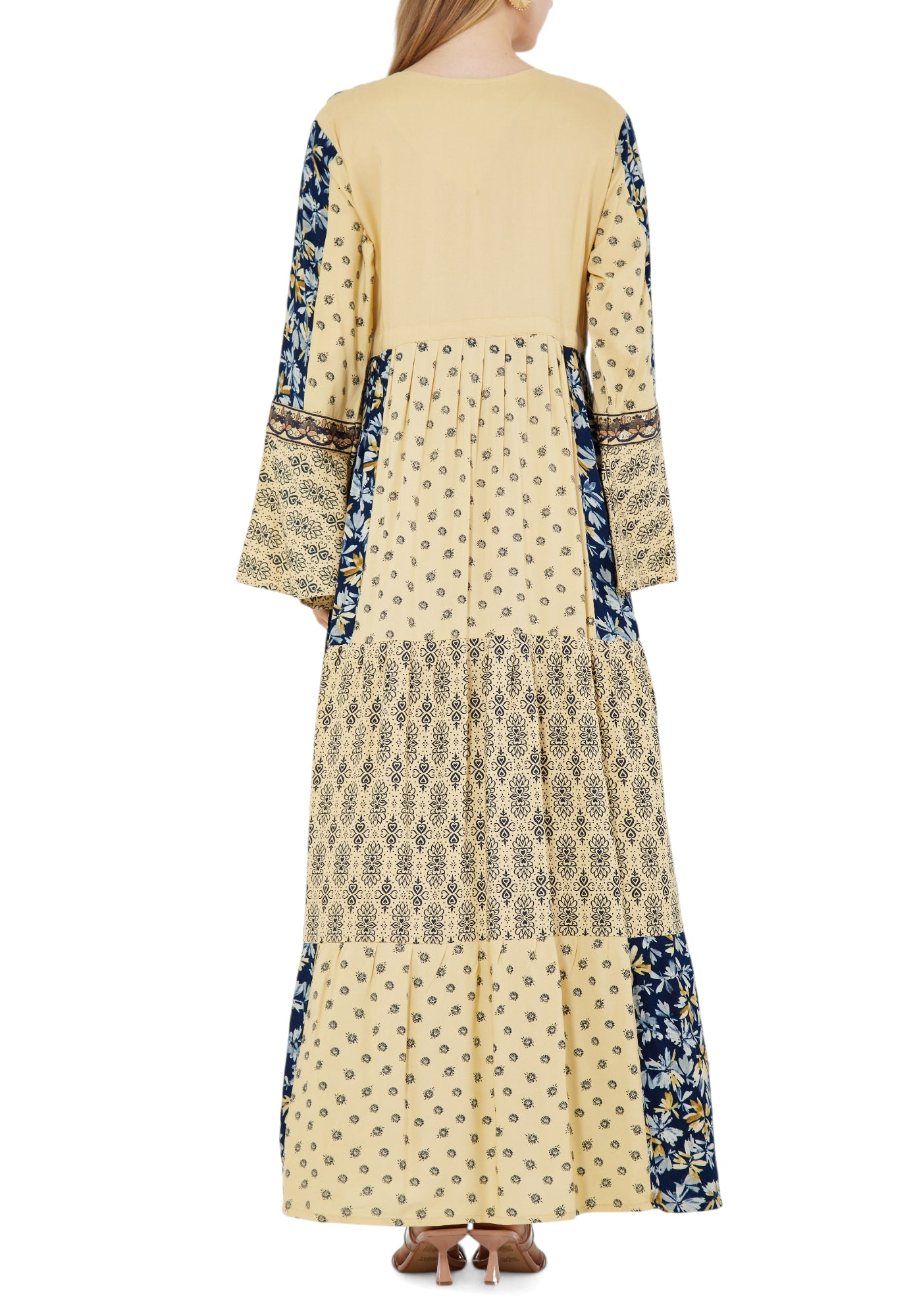 Beautiful Printed Long Dress With Embroidery Details And Round Neckline With Bell Sleeves