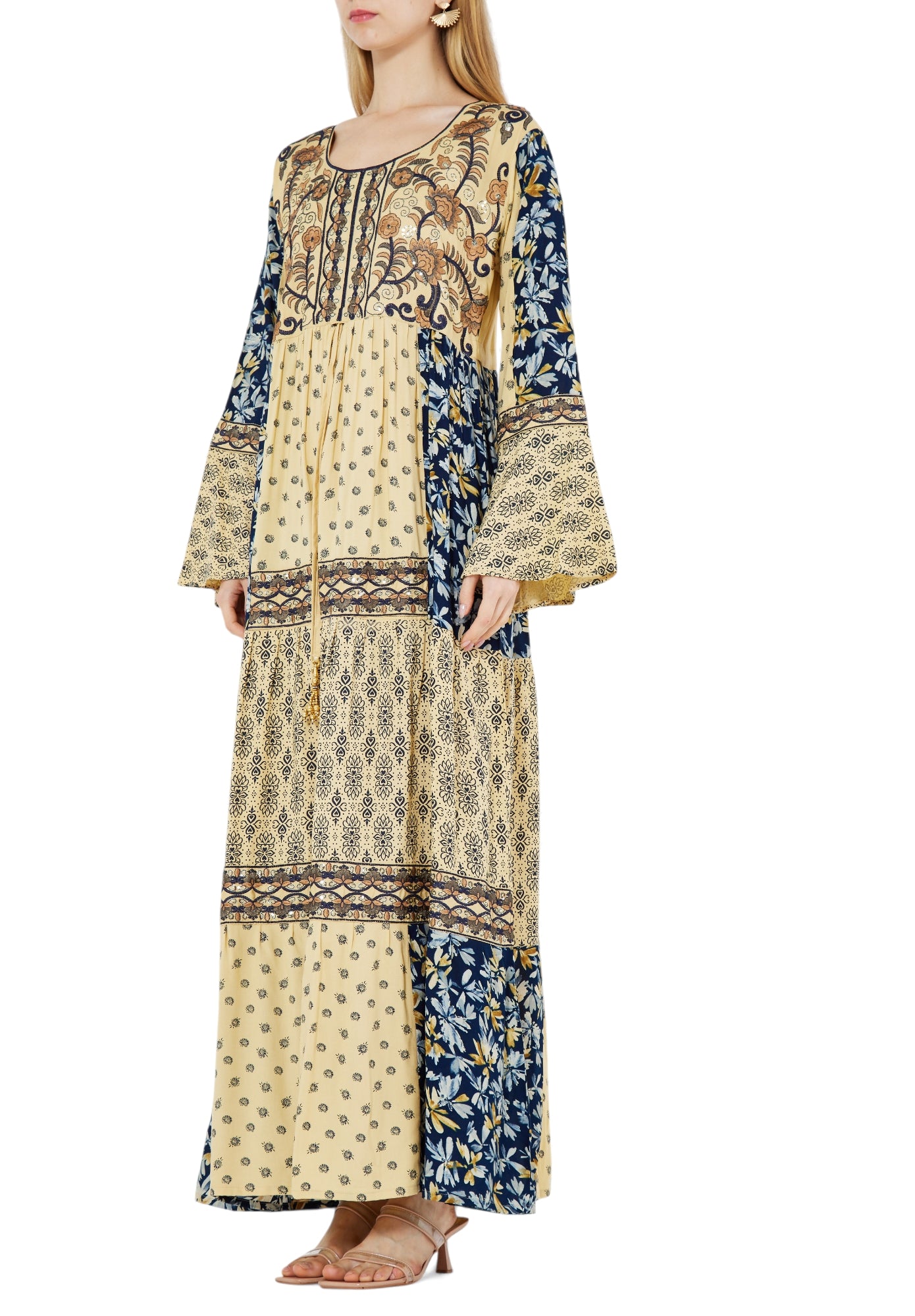 Beautiful Printed Long Dress With Embroidery Details And Round Neckline With Bell Sleeves
