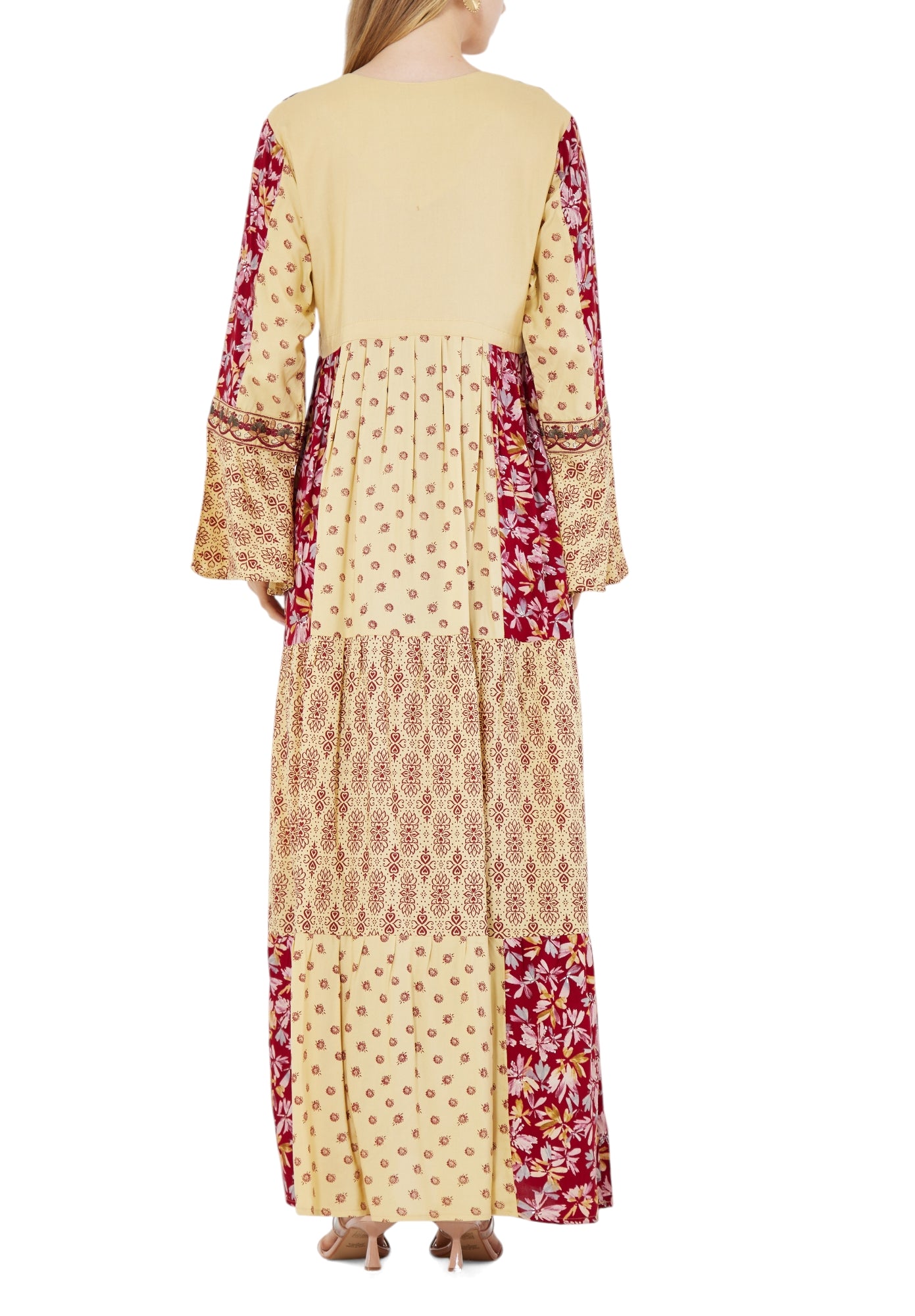 Beautiful Printed Long Dress With Embroidery Details And Round Neckline With Bell Sleeves