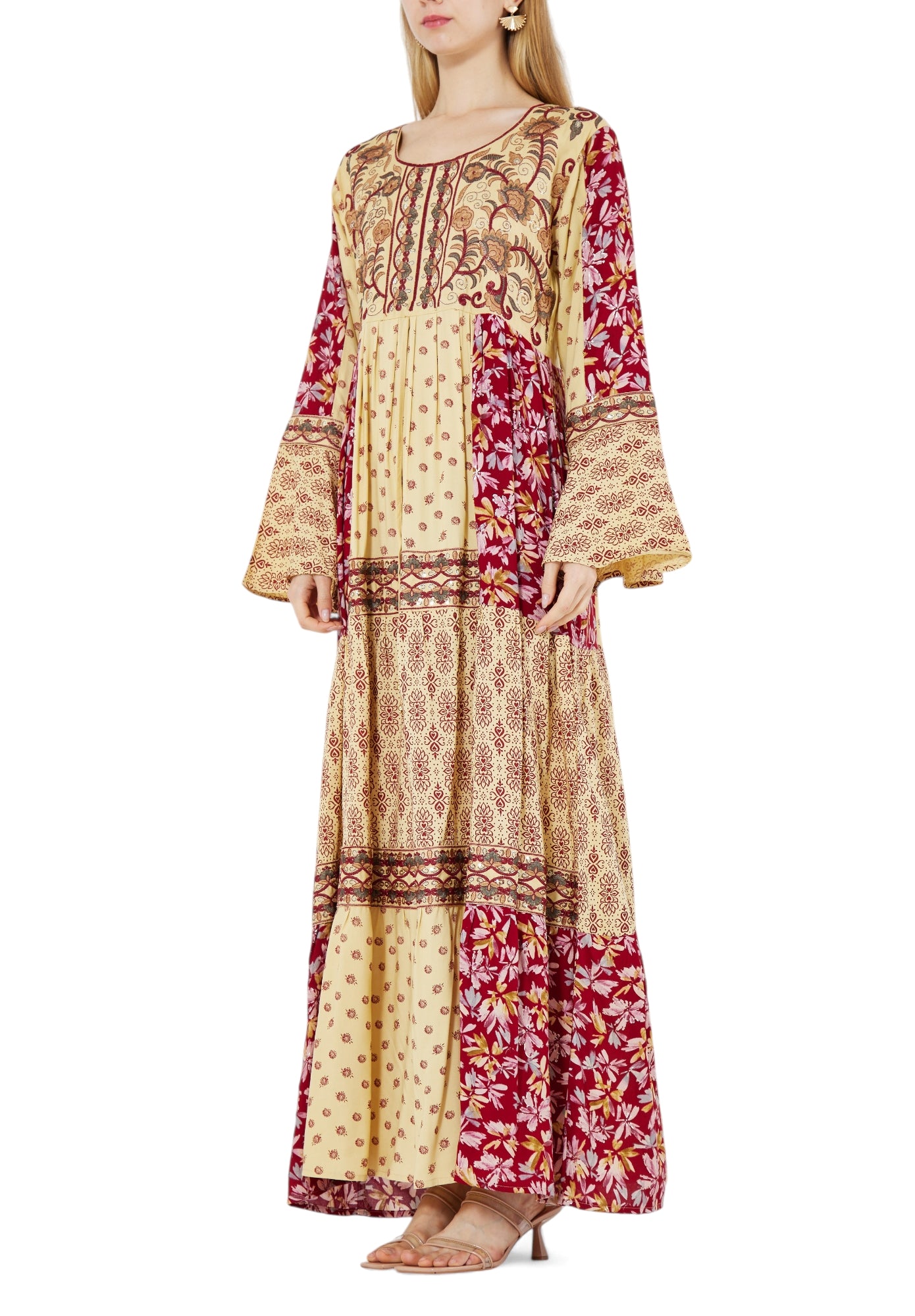 Beautiful Printed Long Dress With Embroidery Details And Round Neckline With Bell Sleeves