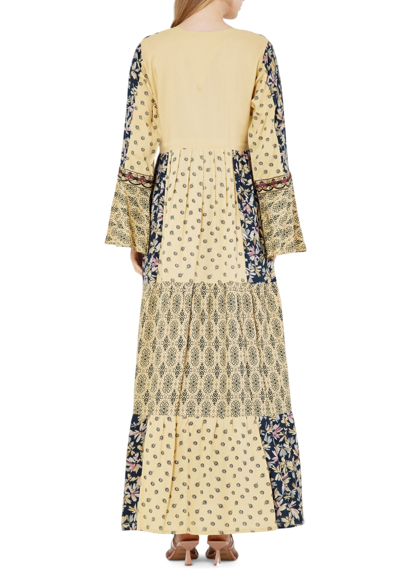 Beautiful Printed Long Dress With Embroidery Details And Round Neckline With Bell Sleeves