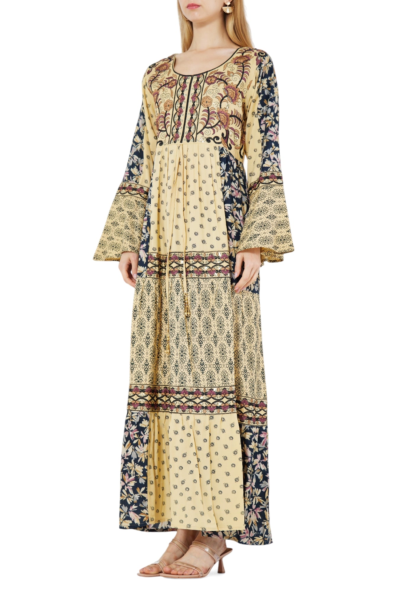 Beautiful Printed Long Dress With Embroidery Details And Round Neckline With Bell Sleeves