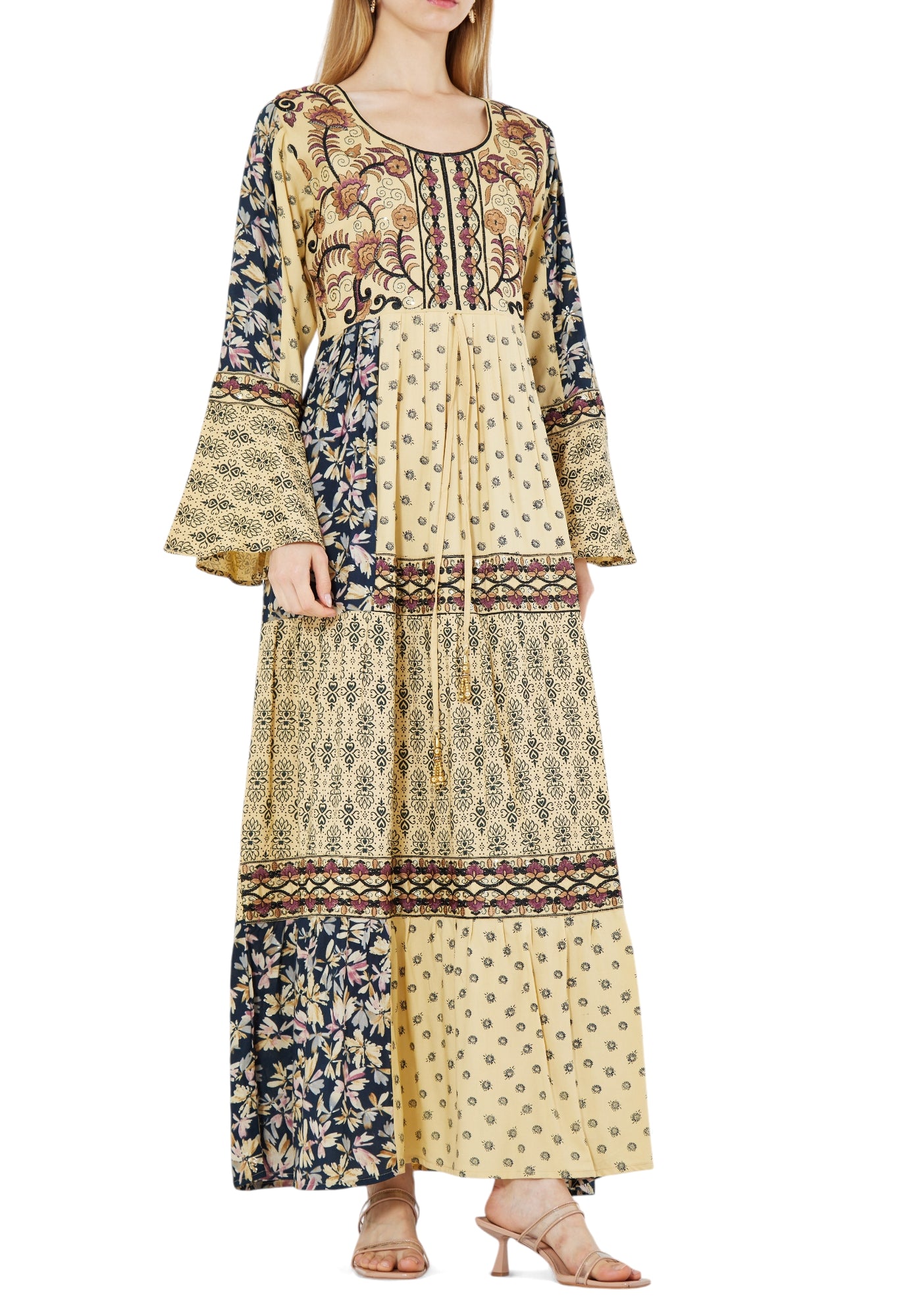 Beautiful Printed Long Dress With Embroidery Details And Round Neckline With Bell Sleeves