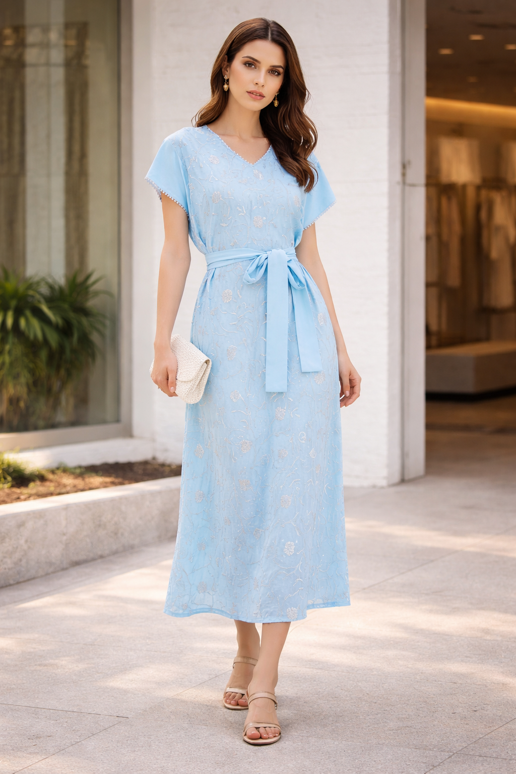 Stunning Embroidered Midi Dress With V-Neckline And Short Sleeves