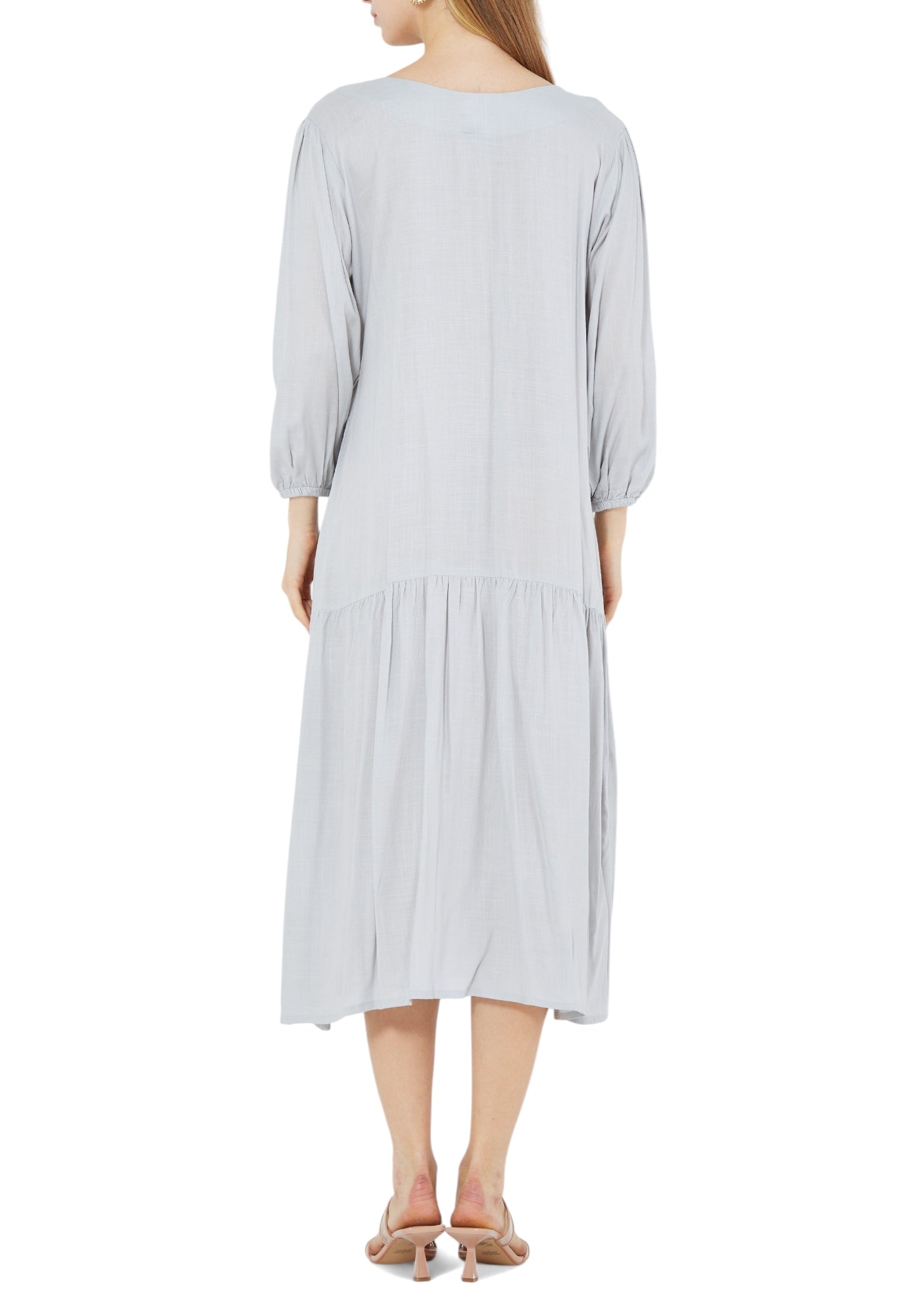 Simple Embroidered Frilled Midi Dress With Round Neckline And Long Sleeves