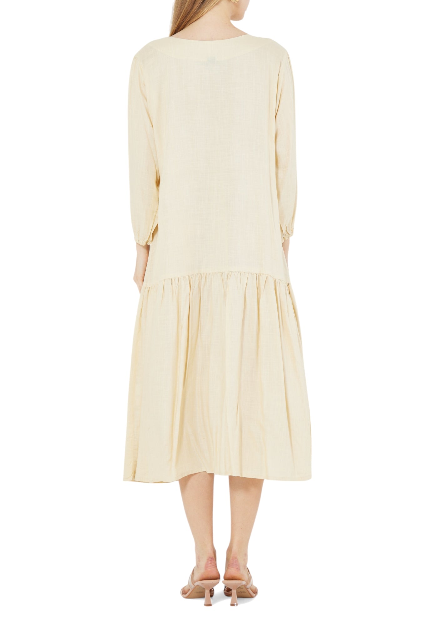 Simple Embroidered Frilled Midi Dress With Round Neckline And Long Sleeves