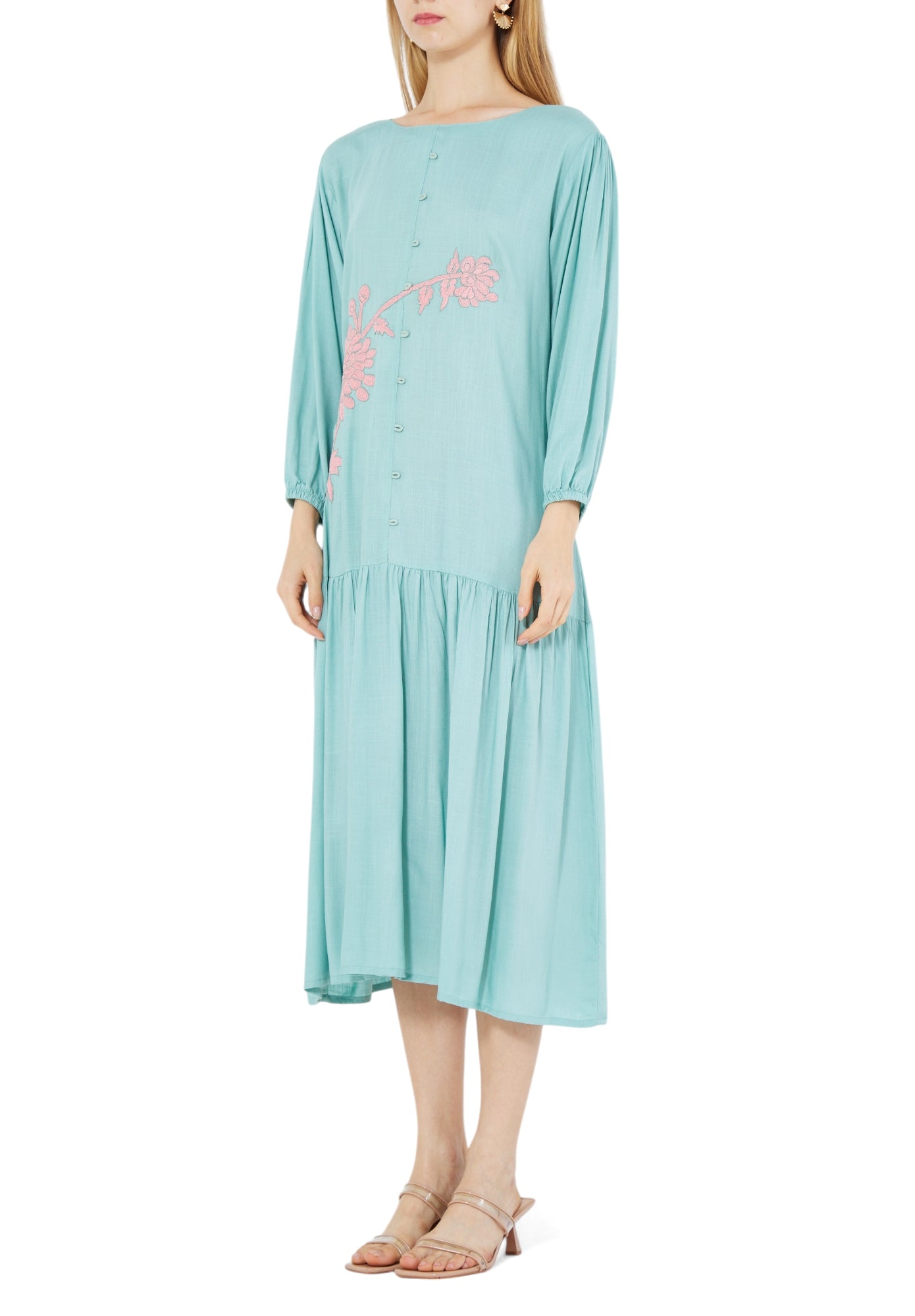 Simple Embroidered Frilled Midi Dress With Round Neckline And Long Sleeves