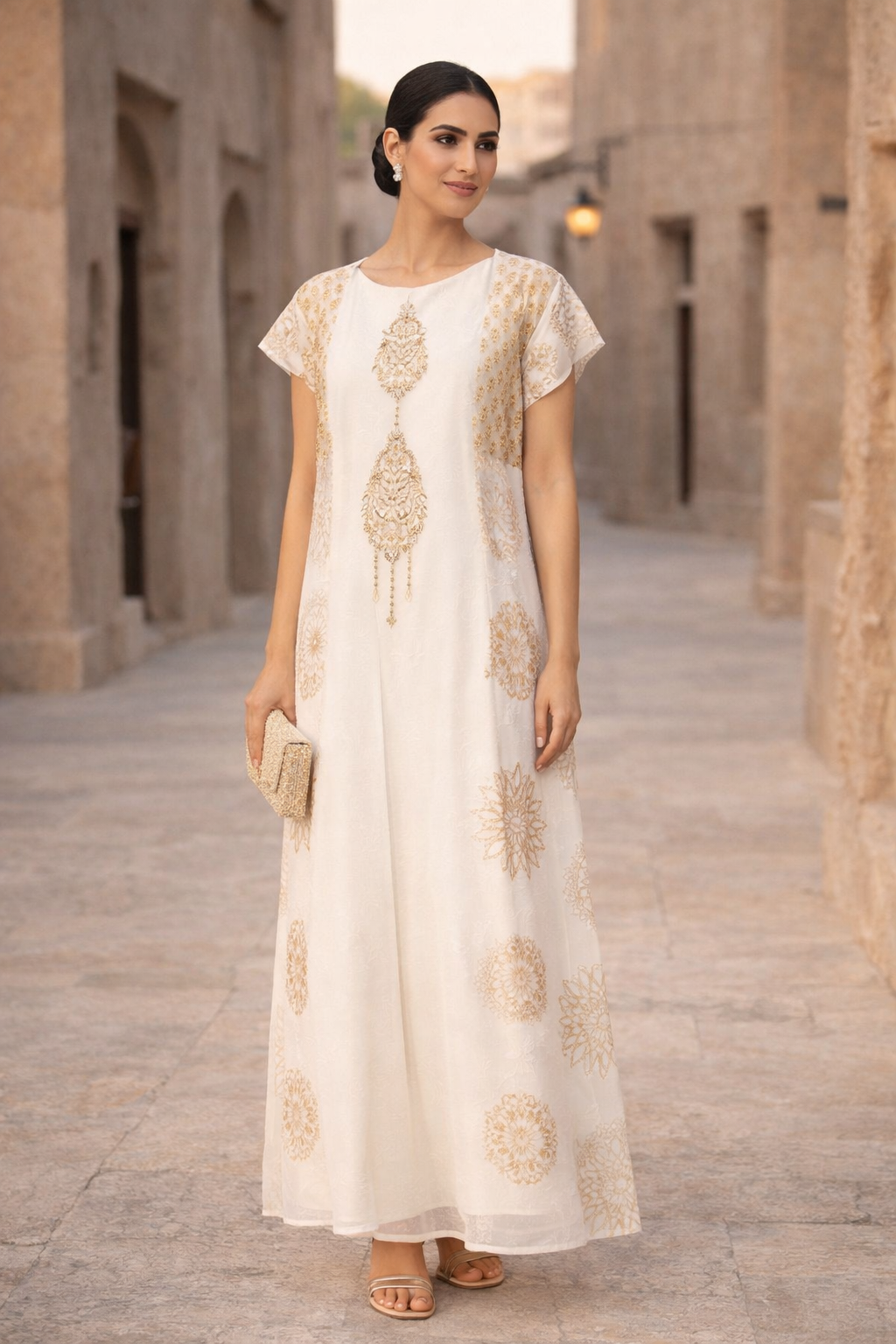 Stunning Embroidered A-Line Long Dress With Round Neckline And Cape Sleeves