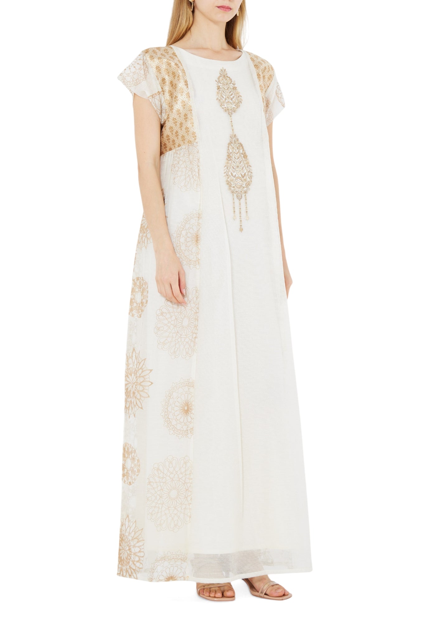 Stunning Embroidered A-Line Long Dress With Round Neckline And Cape Sleeves
