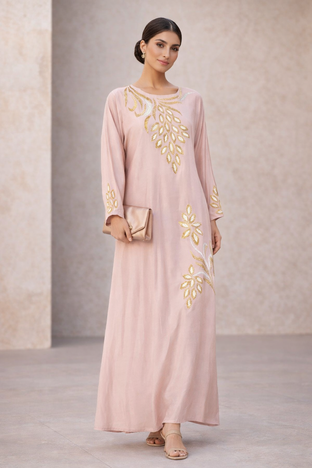 Beautiful Linen Long Dress With Round Neckline And Long Sleeves