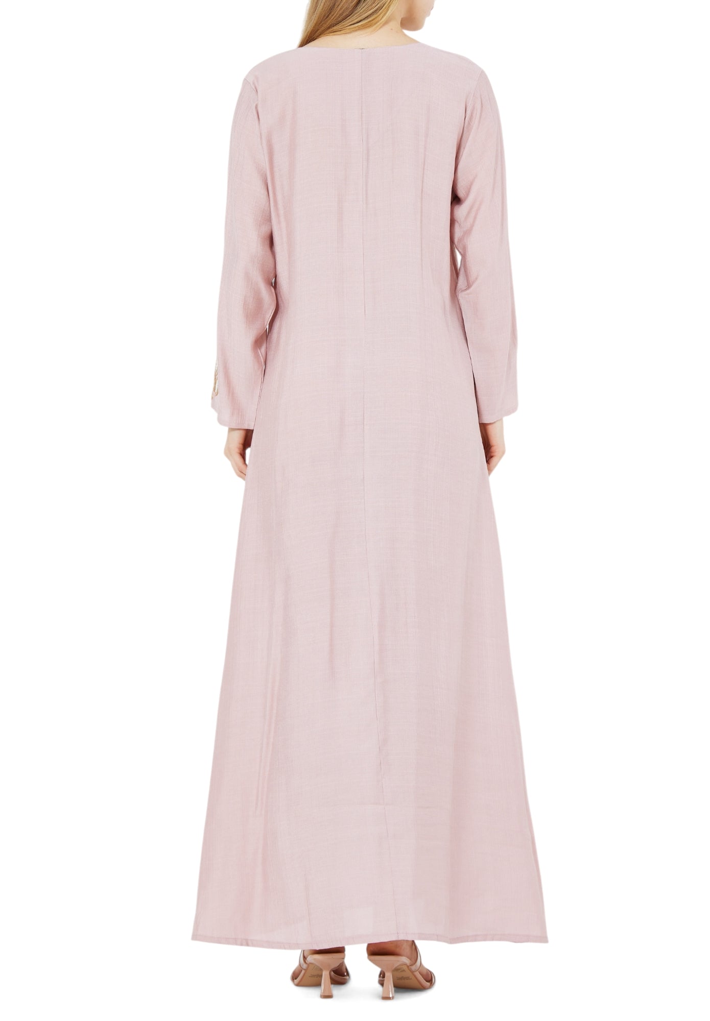 Beautiful Linen Long Dress With Round Neckline And Long Sleeves