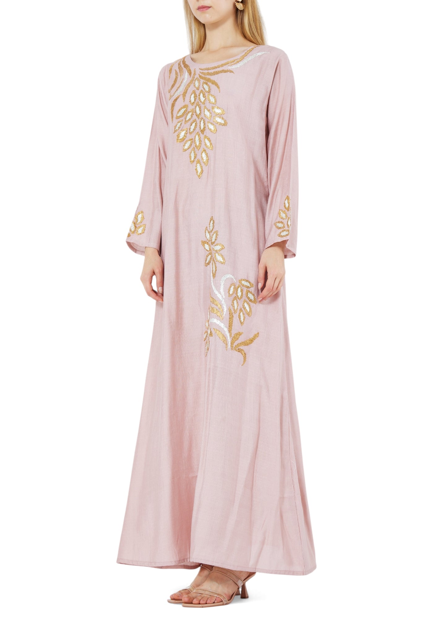 Beautiful Linen Long Dress With Round Neckline And Long Sleeves