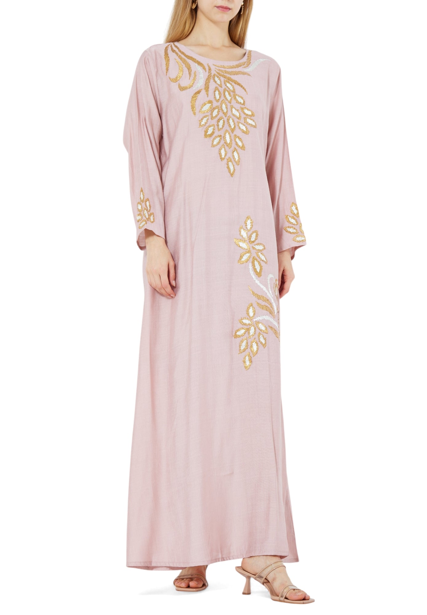 Beautiful Linen Long Dress With Round Neckline And Long Sleeves