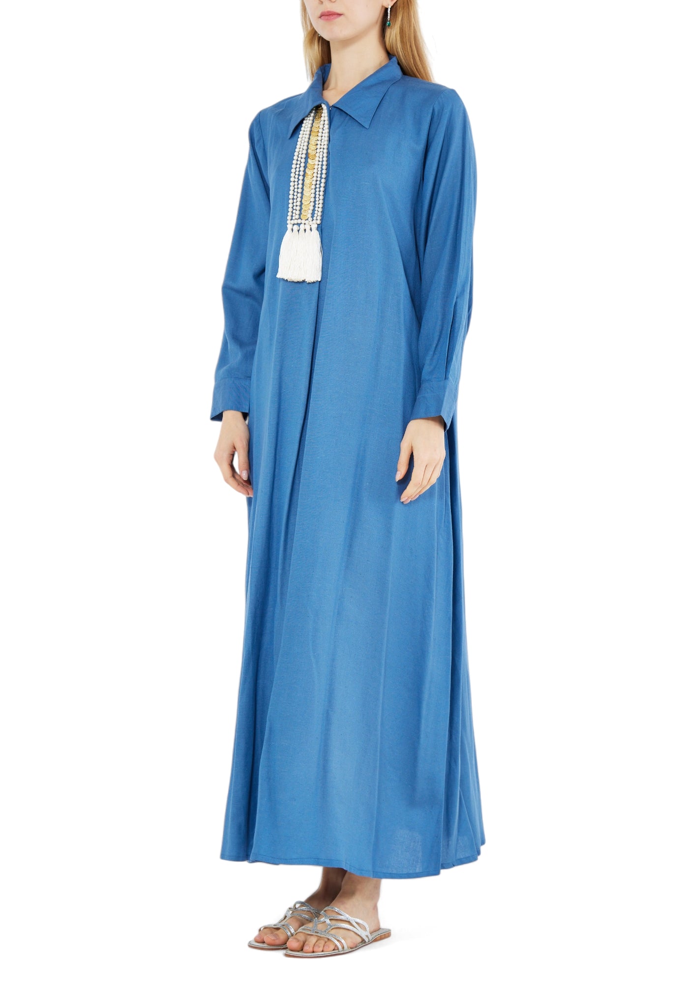 Simple And Elegant Linen Long Dress With Collared Neckline And Long Sleeves