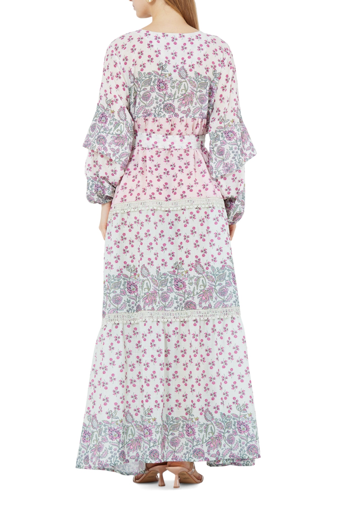 Beautiful Printed Long Frilled Dress With V-Neckline And Long Sleeves