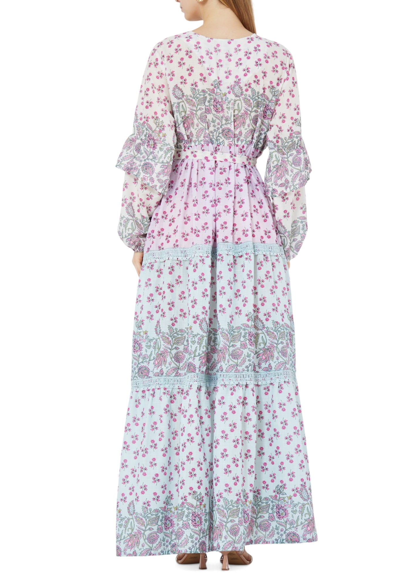 Beautiful Printed Long Frilled Dress With V-Neckline And Long Sleeves