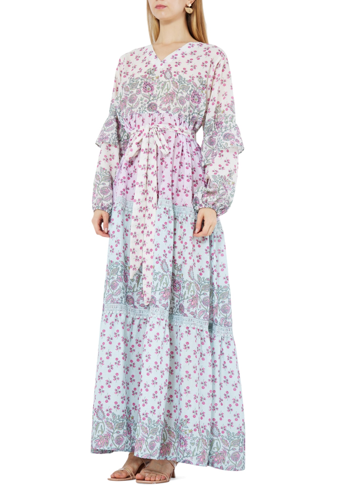Beautiful Printed Long Frilled Dress With V-Neckline And Long Sleeves