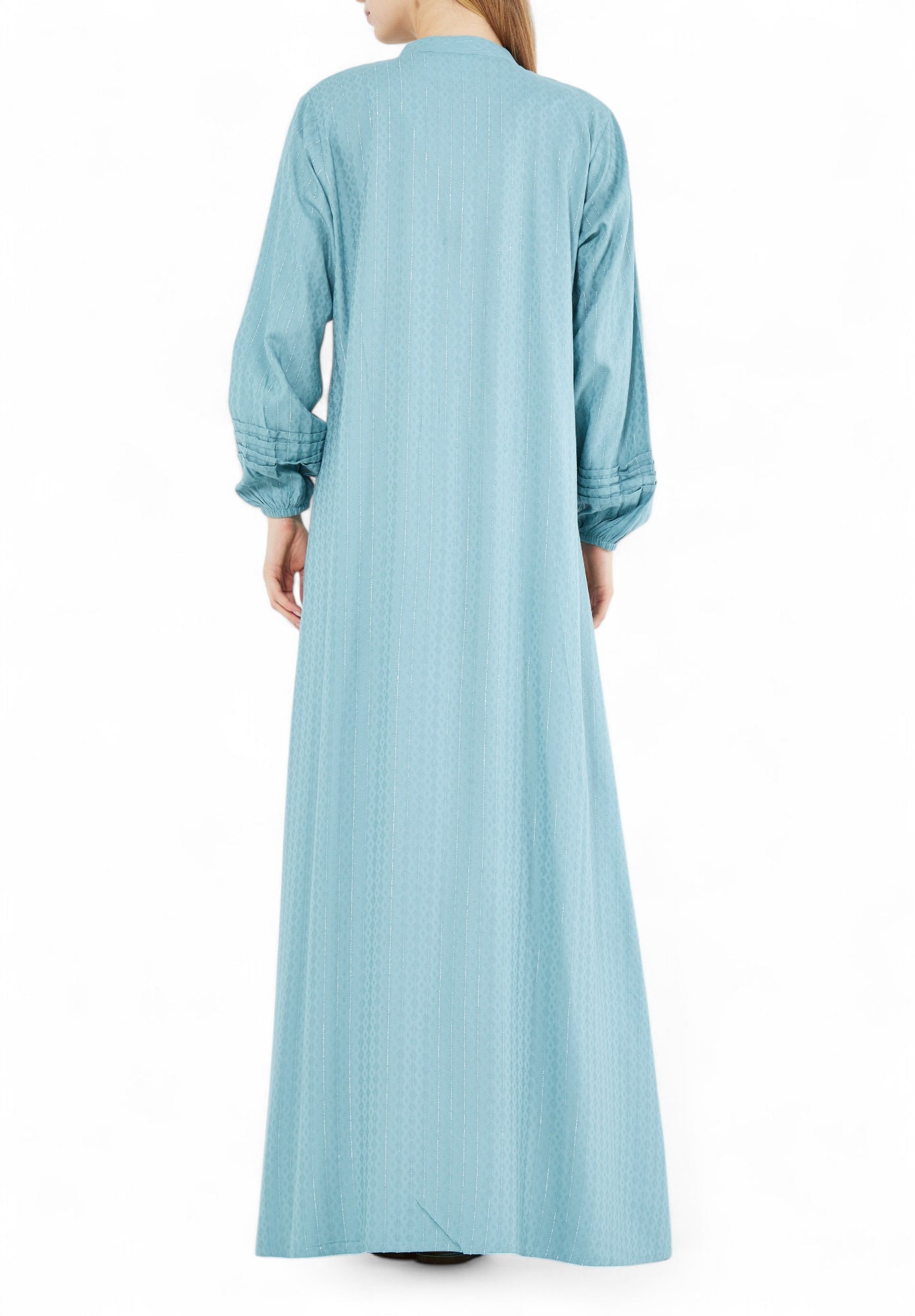 Beautiful Embroidered Pleat Detailed Long Dress with Round Neckline And Long Sleeves