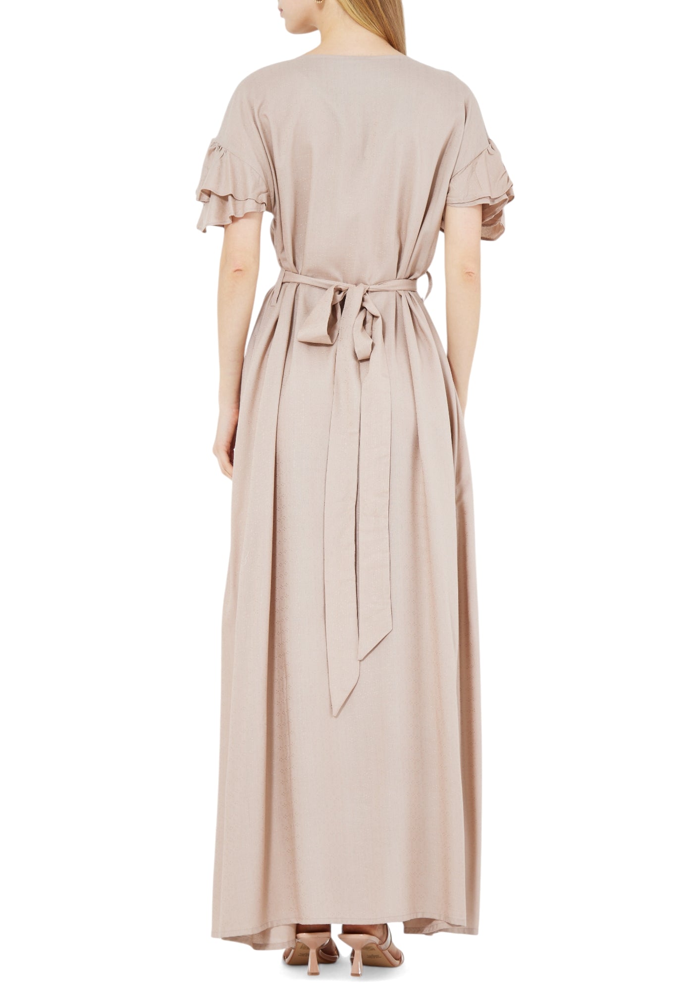 Stunning Embroidered Long Dress With Round Neckline And Ruffle Sleeves