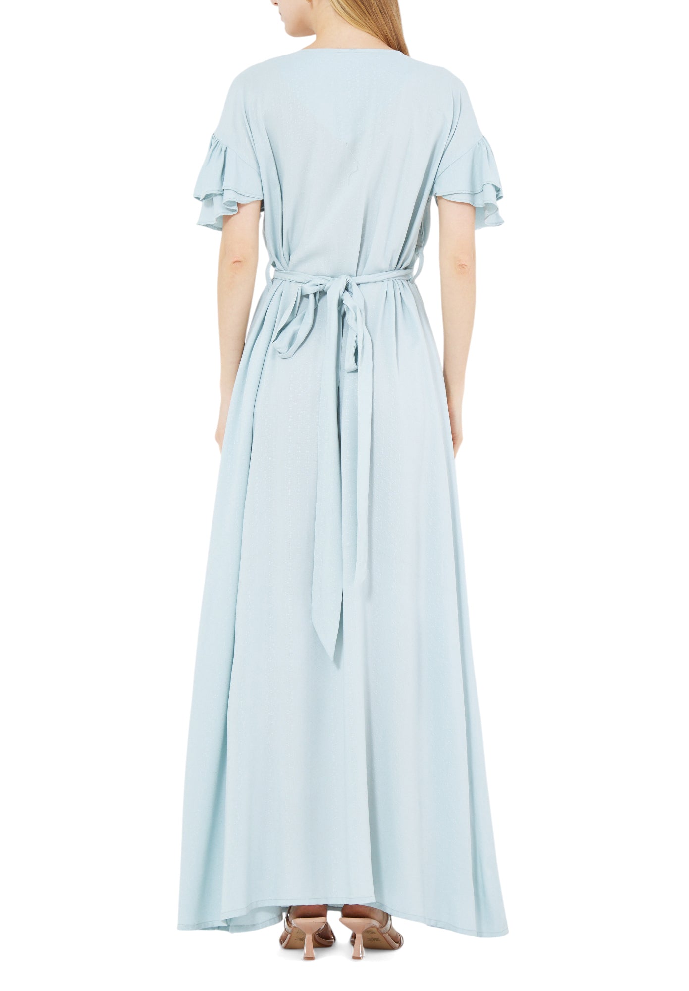 Stunning Embroidered Long Dress With Round Neckline And Ruffle Sleeves