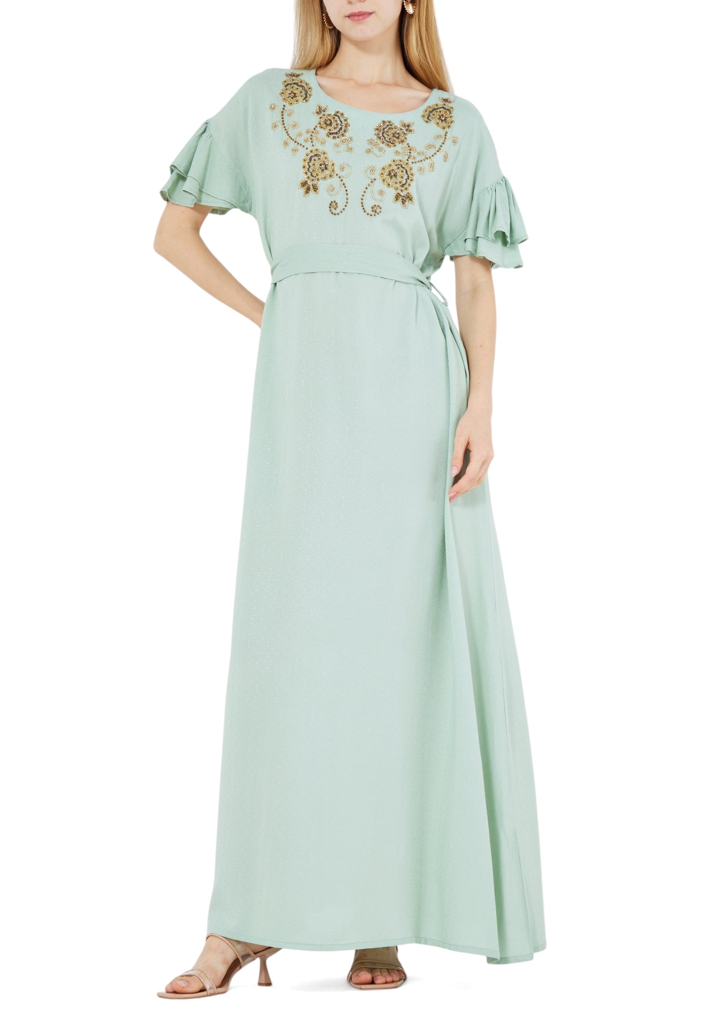 Stunning Embroidered Long Dress With Round Neckline And Ruffle Sleeves