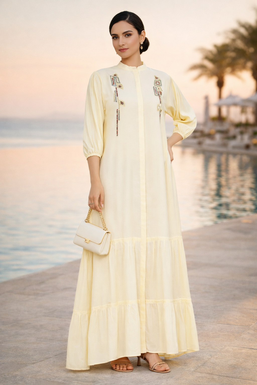 Simple And Elegant Embroidered Frilled Long Dress