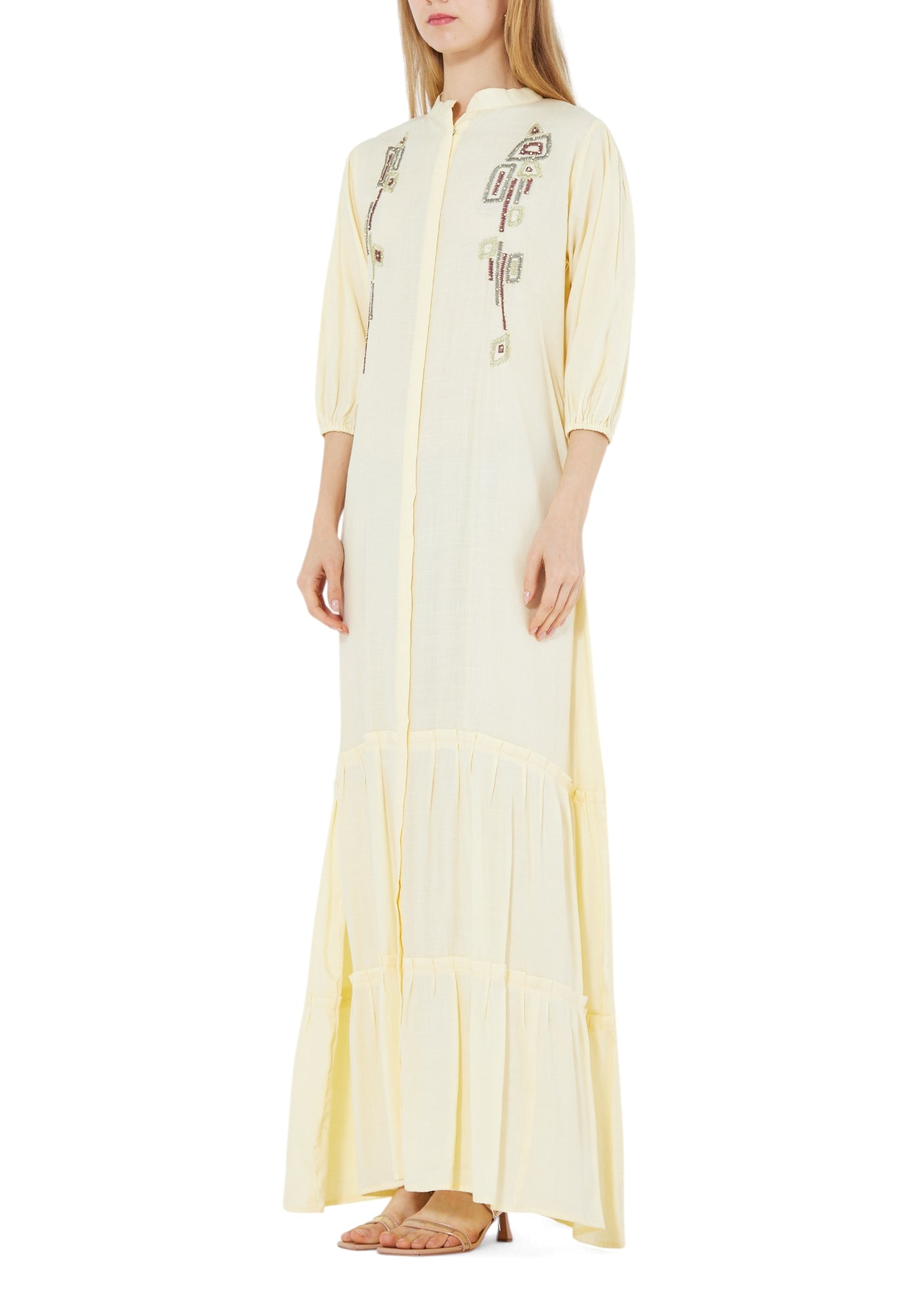 Simple And Elegant Embroidered Frilled Long Dress