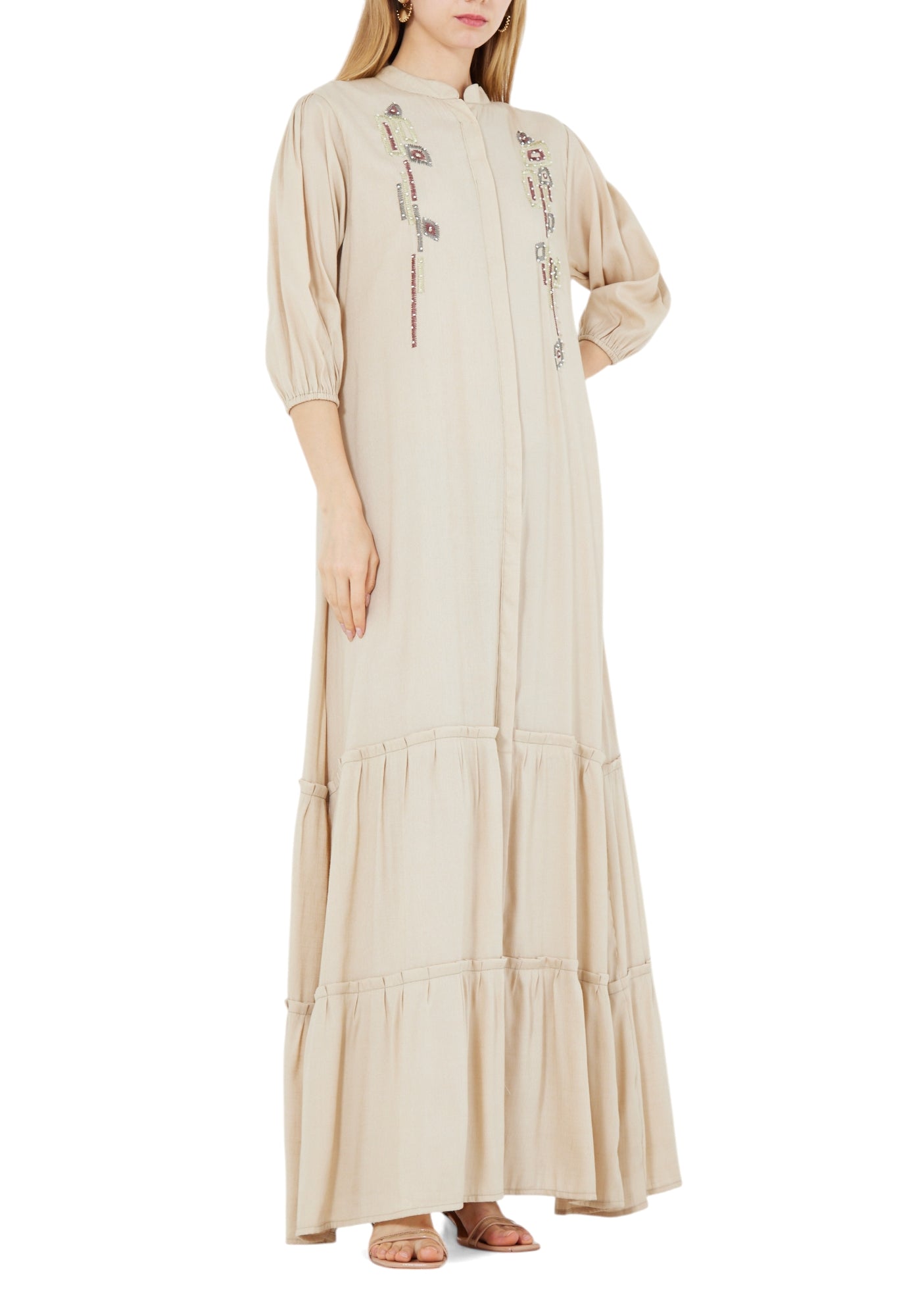 Simple And Elegant Embroidered Frilled Long Dress