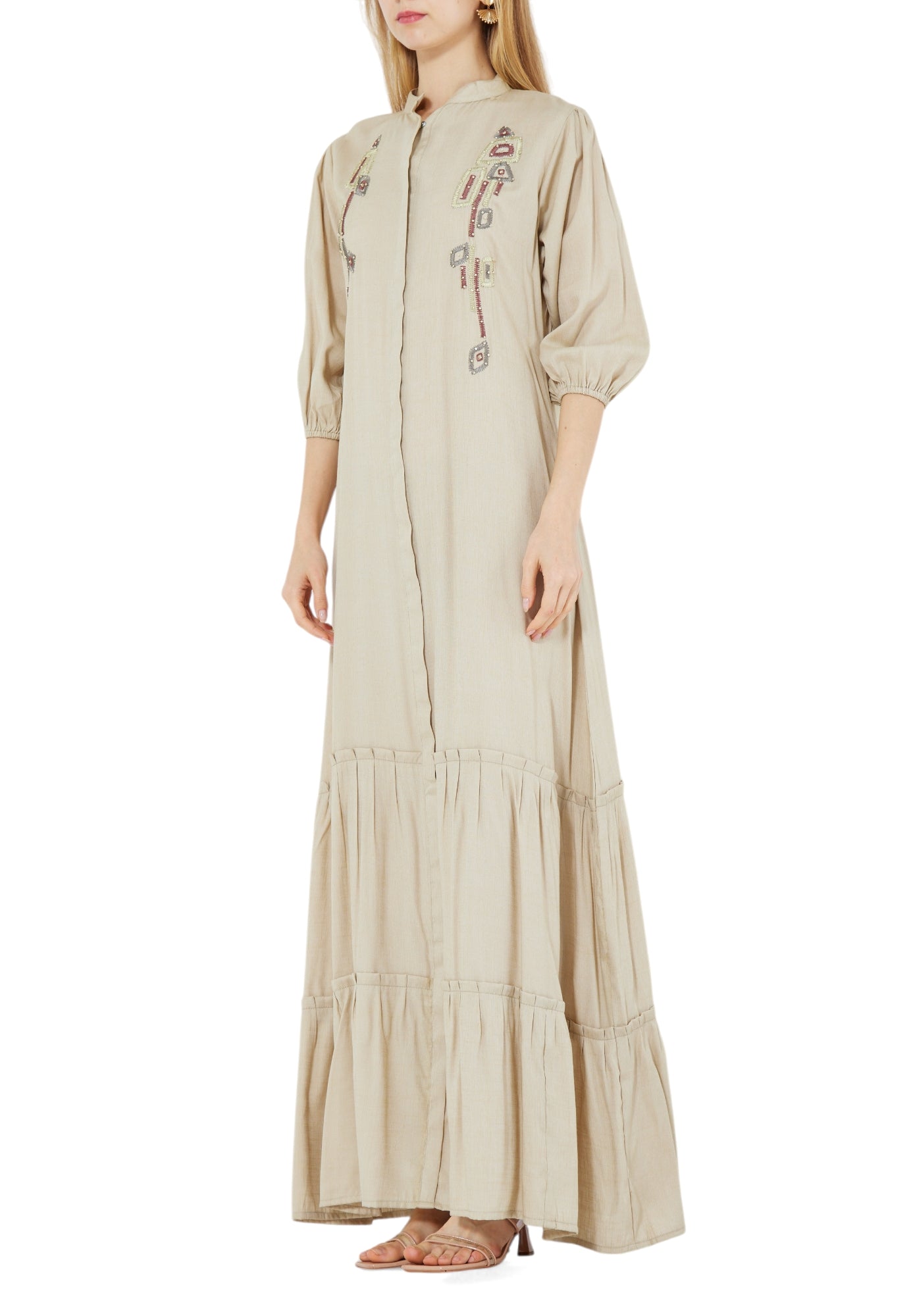Simple And Elegant Embroidered Frilled Long Dress